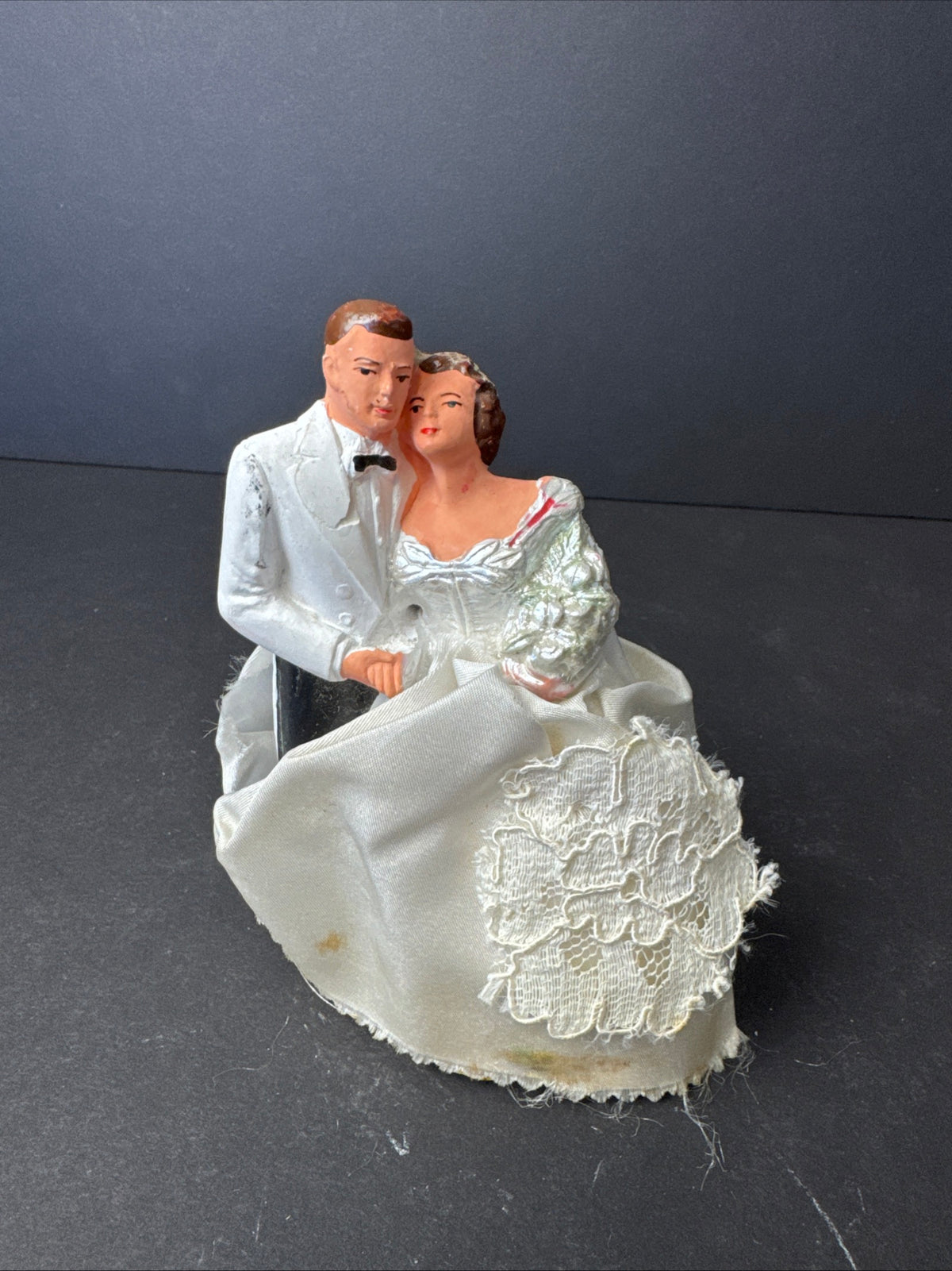 248 - Chalkware Bride & Groom Wedding Cake Topper Lace Vintage