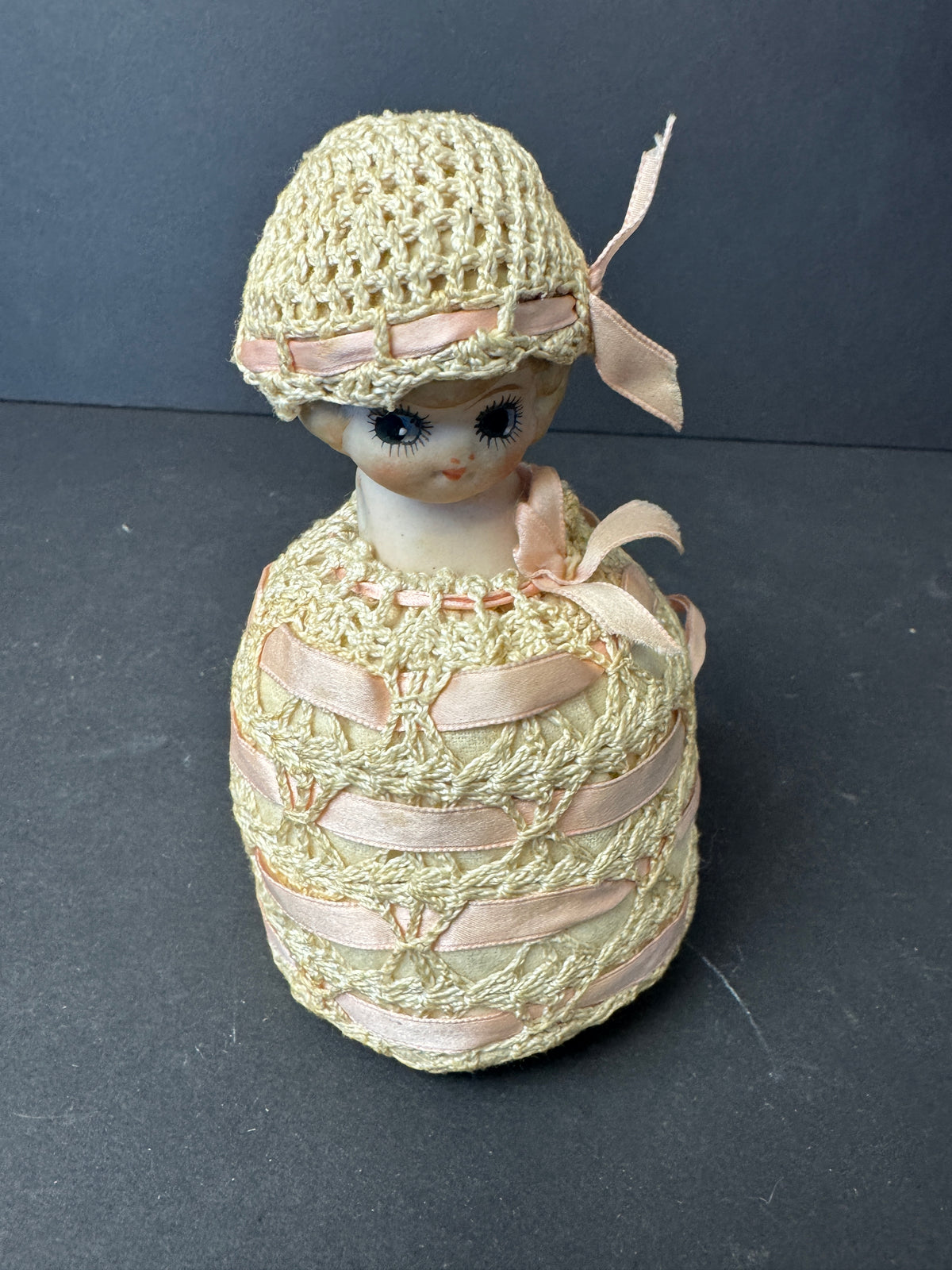 250 - Bisque Flapper? Kewpie? Doll Antique Porcelain Japan laced pin cushion