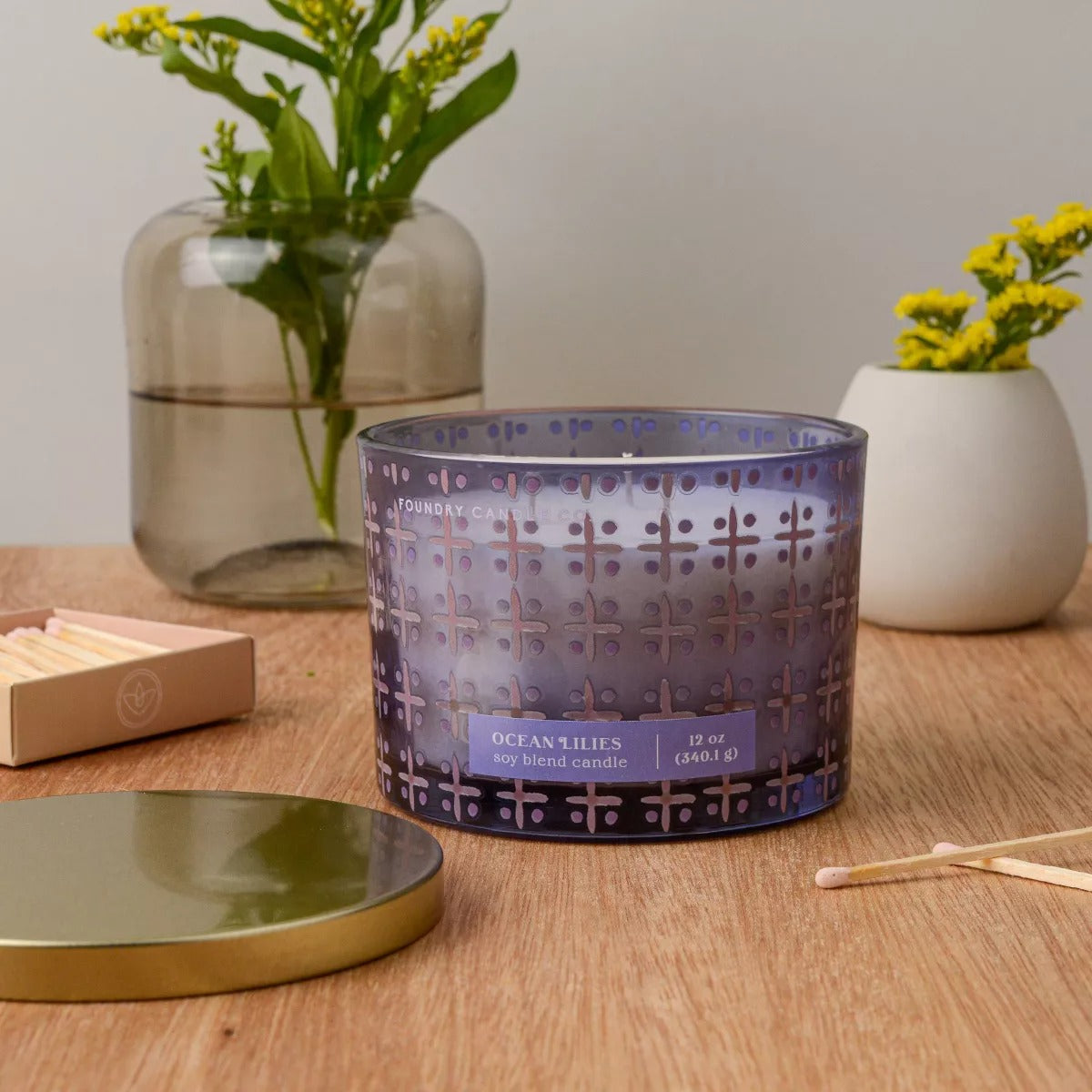 Foundry Candle Co. 3-Wick Patterned Glass Jar Candle with Lid Ocean Lillies 12oz