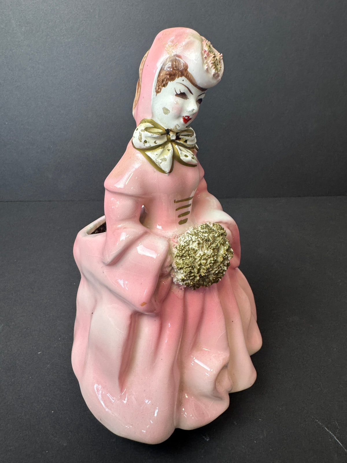 505 - Vintage Relpo Ceramic Planter Vase Lady Dressed in Pink w/Bonne