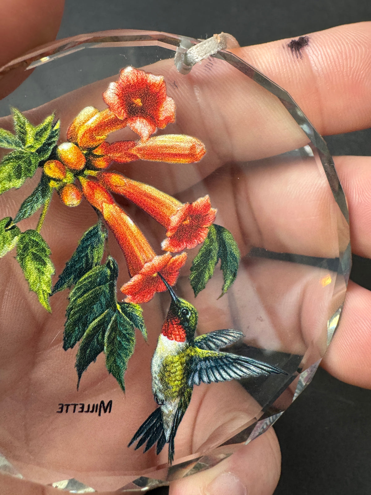 478 - hummingbird Clear Beveled Glass Ornament Artist Millette