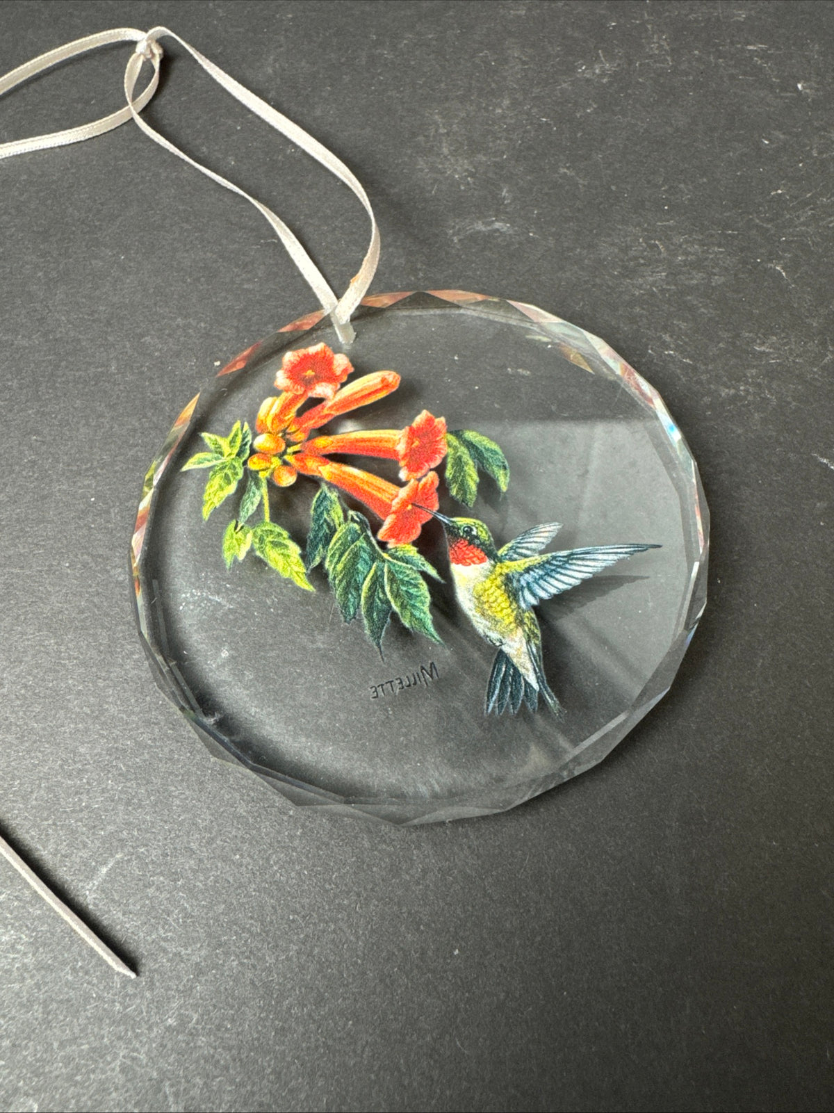 478 - hummingbird Clear Beveled Glass Ornament Artist Millette