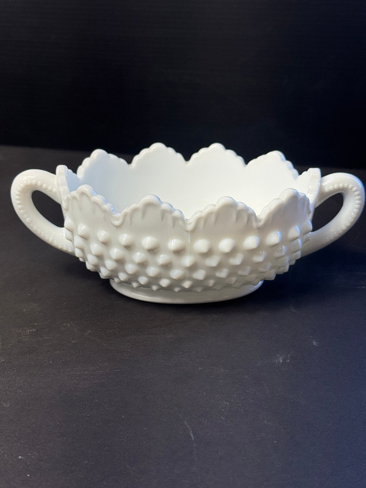 Fenton Milk Glass Hobnail Scalloped double Handled Sugar Bowl. Oval