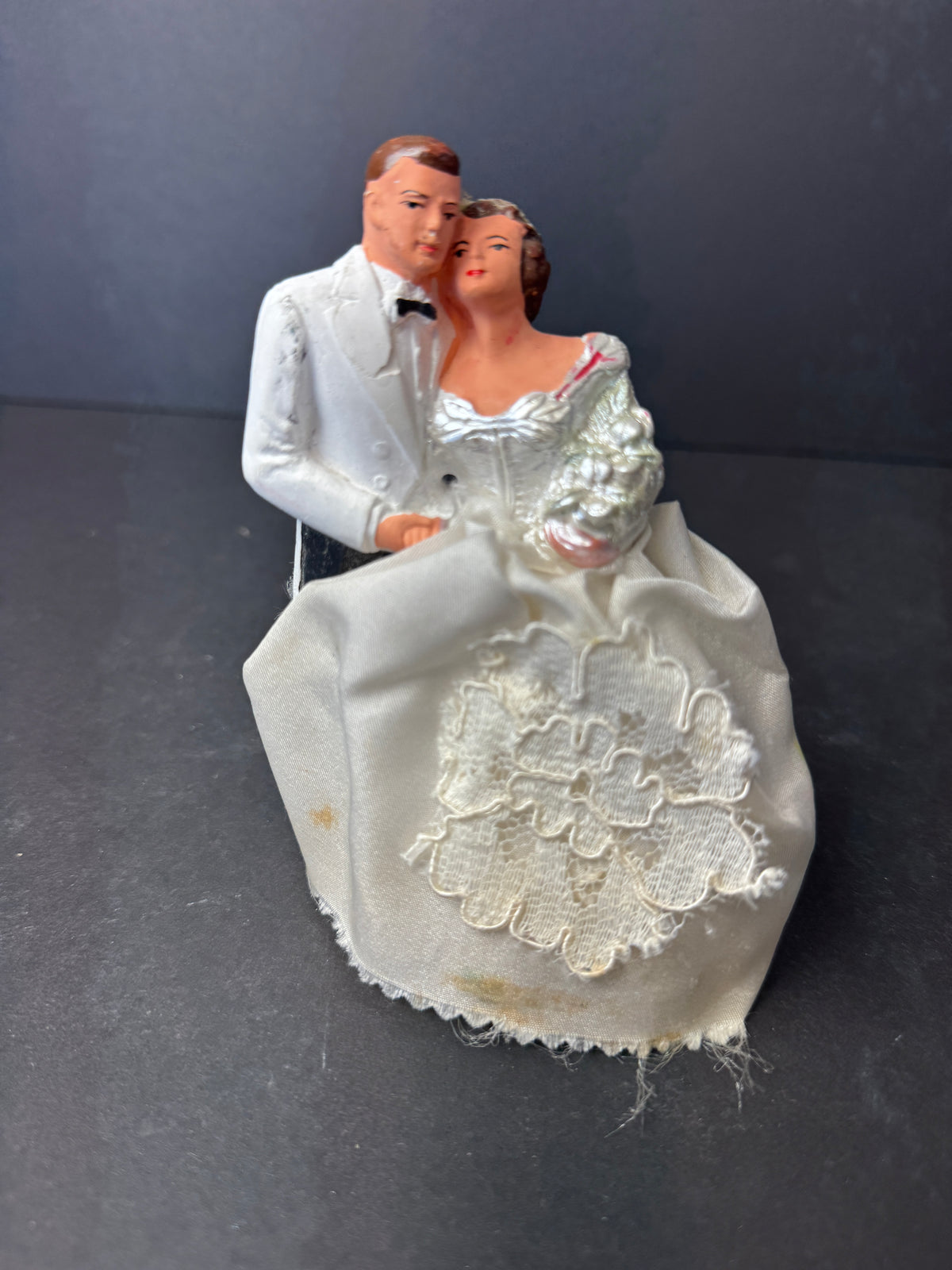 248 - Chalkware Bride & Groom Wedding Cake Topper Lace Vintage