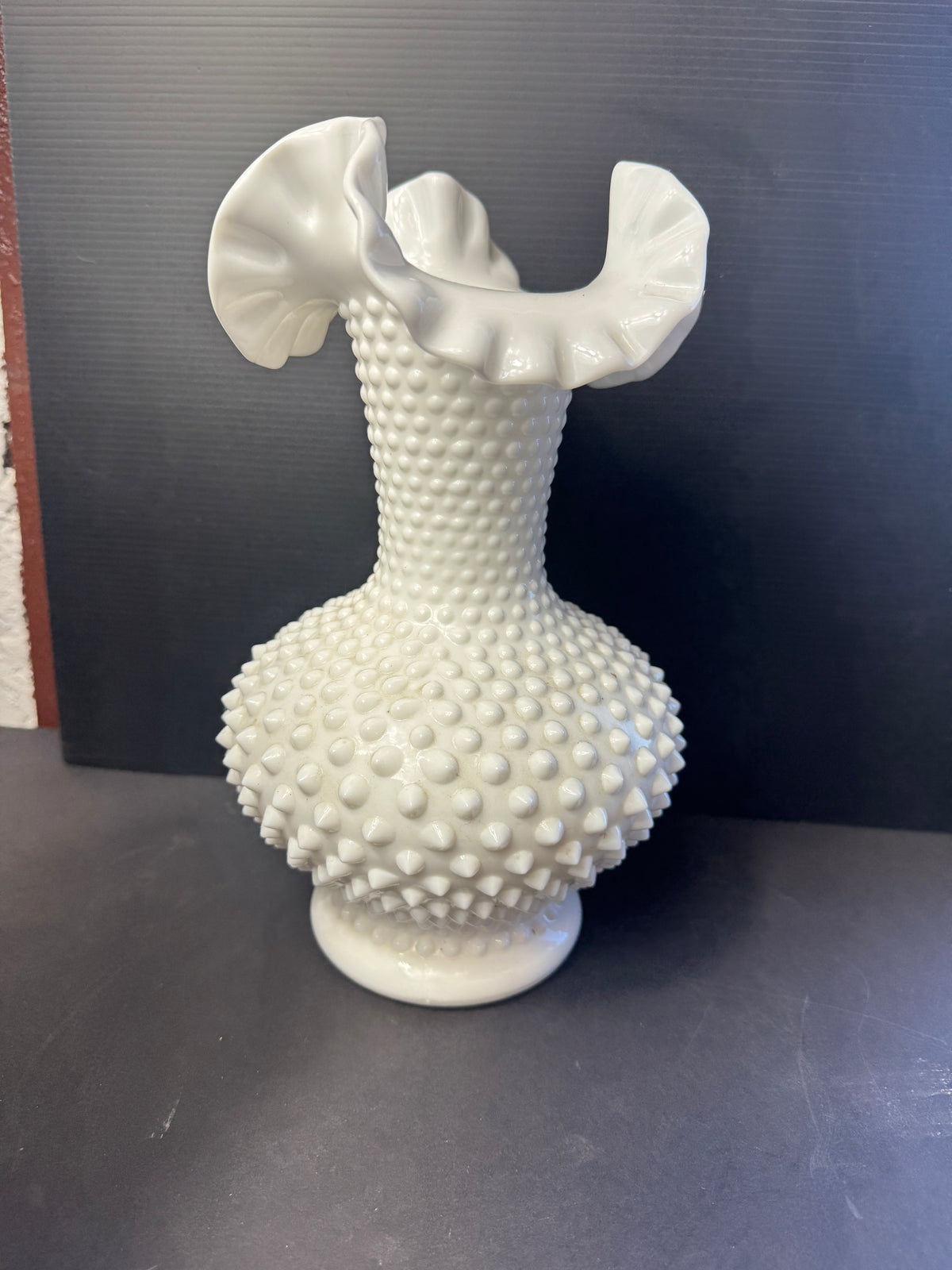 Fenton? White Hobnail Milk Glass Vase with Ruffled Edges