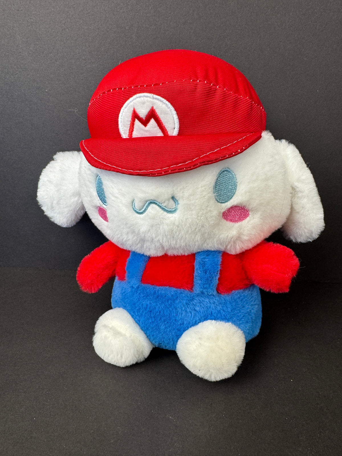556 - Cinnamoroll Plush Mario Costume Red "M" Hat Blue Overalls White Red Blue Pink