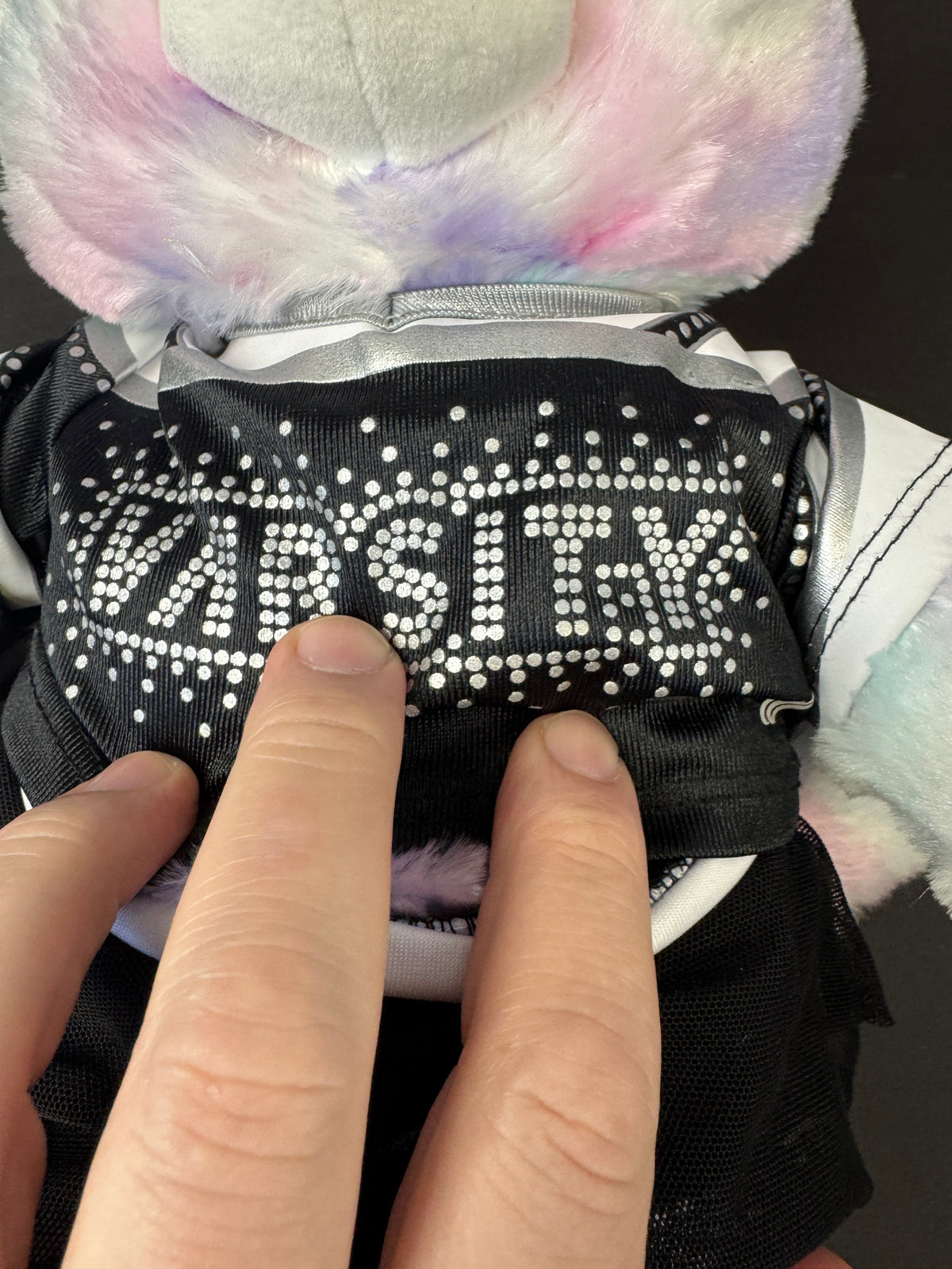 564 - Build-A-Bear Pastel Swirl Kitty With Pink BAB BABW black cheerleading varsity outfit