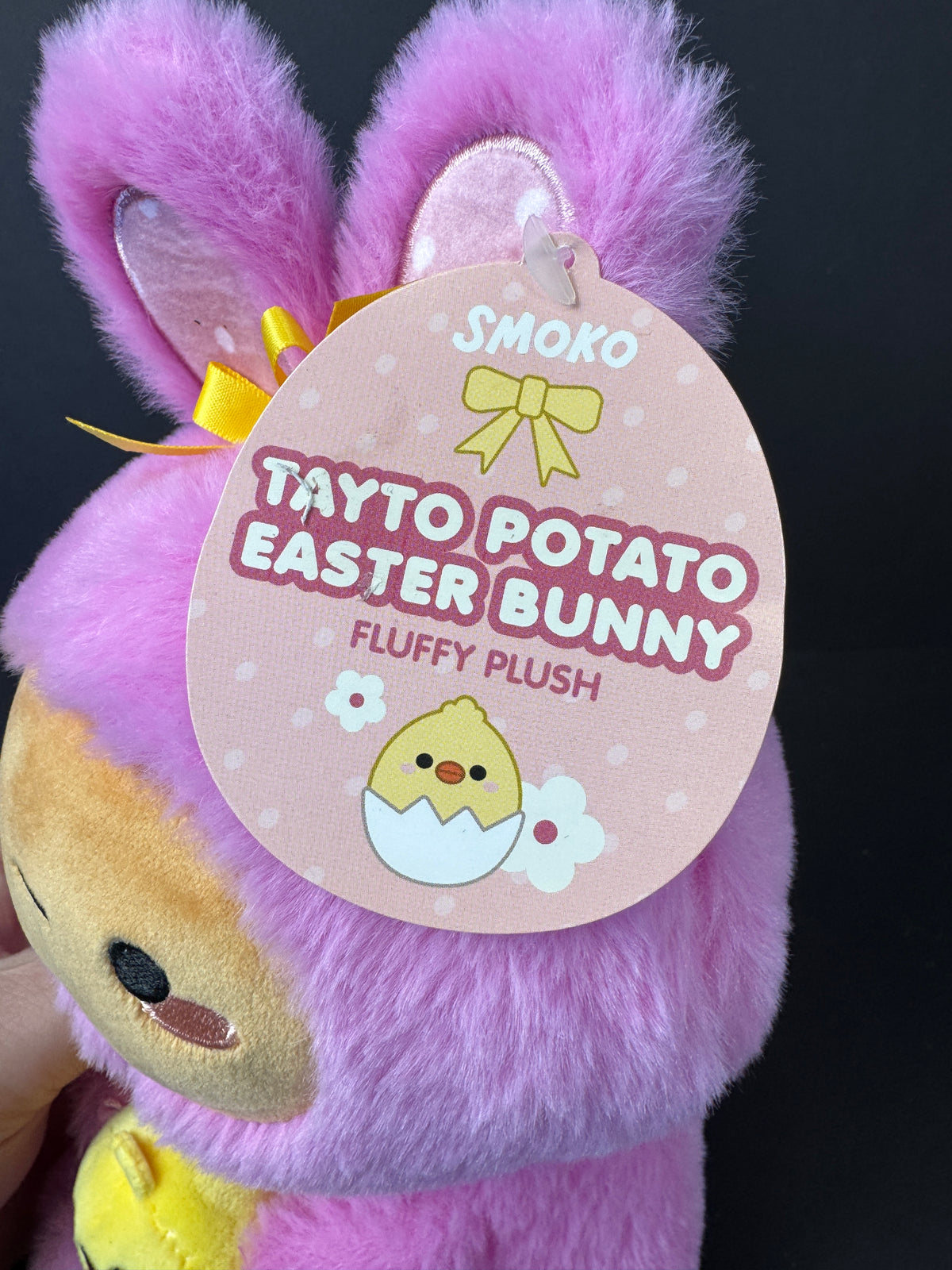 555 - Smoko Tayto Potato Easter Bunny Plush Stuffed Animal Pink Rabbit Holding Egg