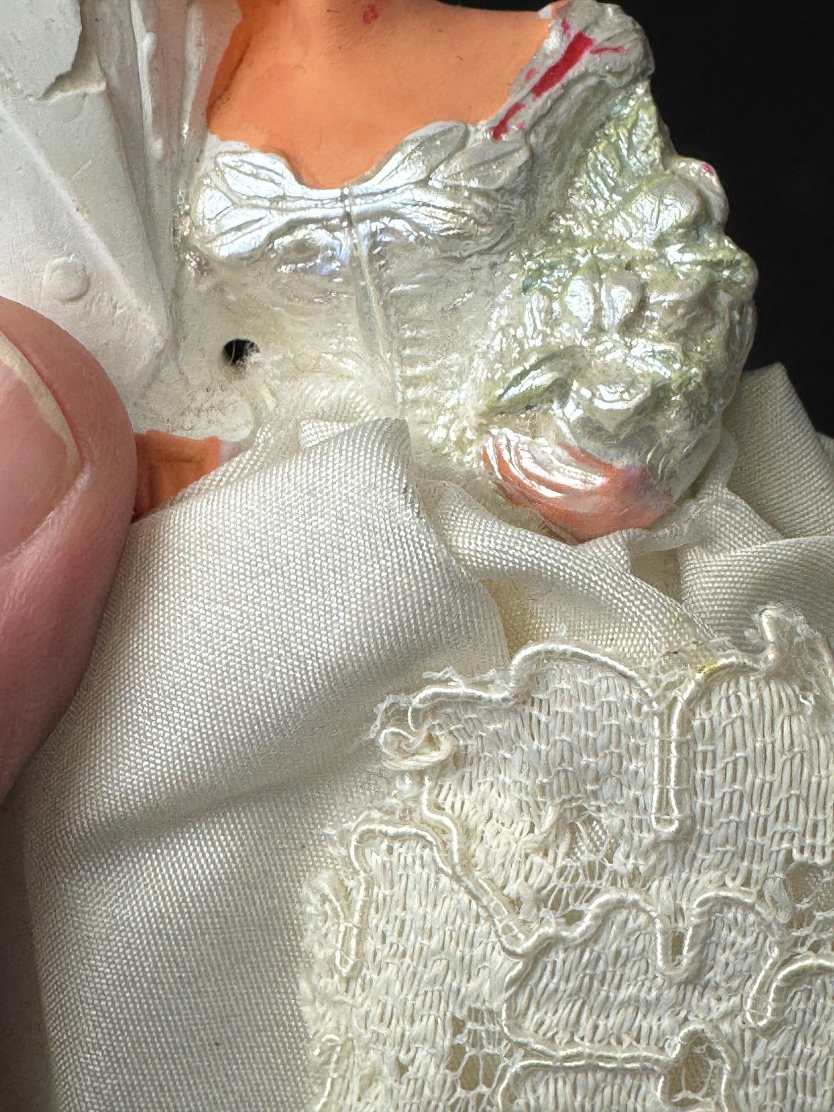248 - Chalkware Bride & Groom Wedding Cake Topper Lace Vintage