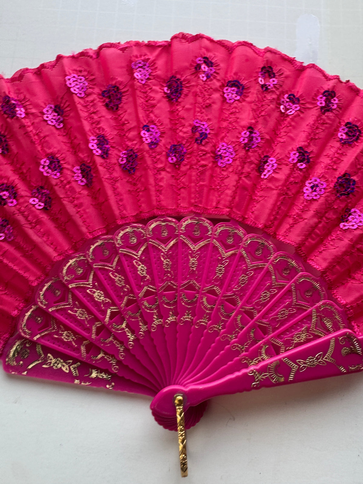 524 - Pink Large Lace Floral Folding Hand Held Plastic Chinese Fan
