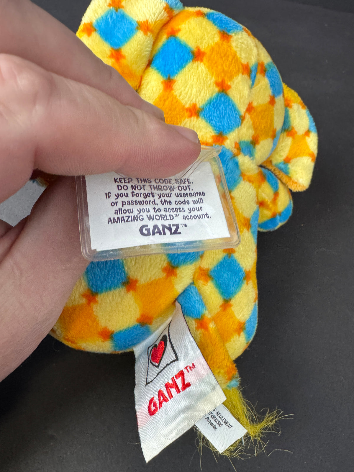 573 - GANZ Stella Plush Stuffed Elephant Yellow Blue Orange Diamond Pattern Webkinz type amazing world