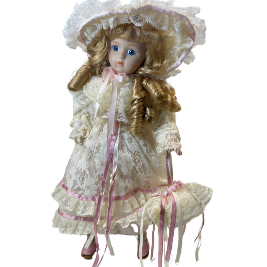 Estate item- Porcelain Doll, White Lace Dress