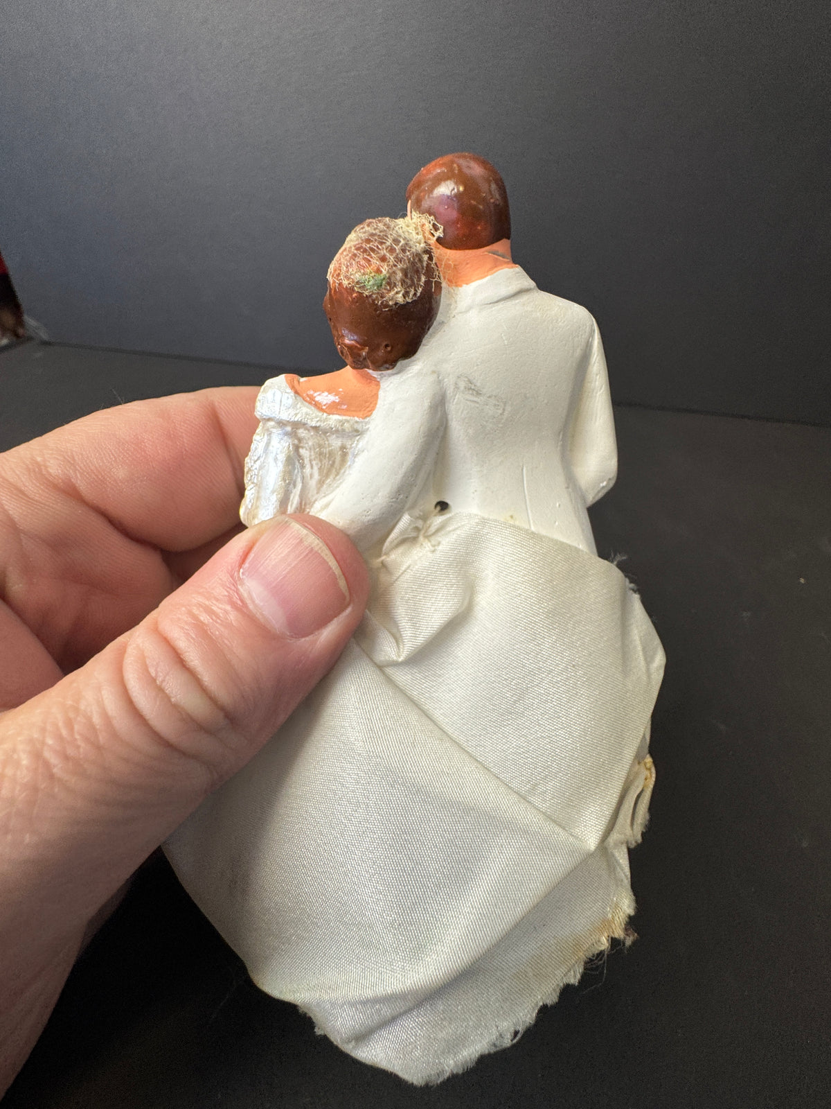 248 - Chalkware Bride & Groom Wedding Cake Topper Lace Vintage