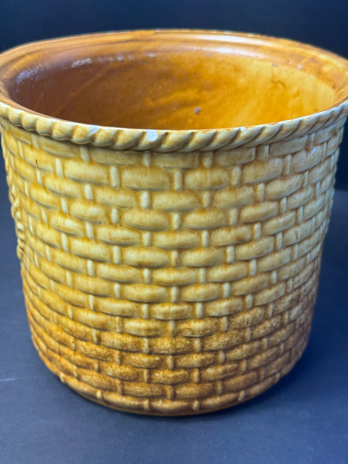 Vtg Haeger Pottery Mustard Basketweave Planter Flower Pot #48?