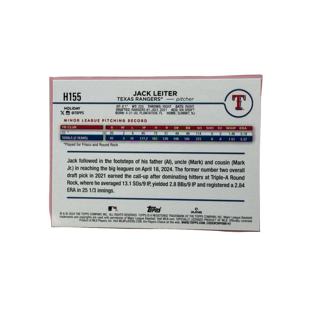 2024 Topps Baseball Holiday Jack Leiter #H155 Rangers RC Silver Glitter