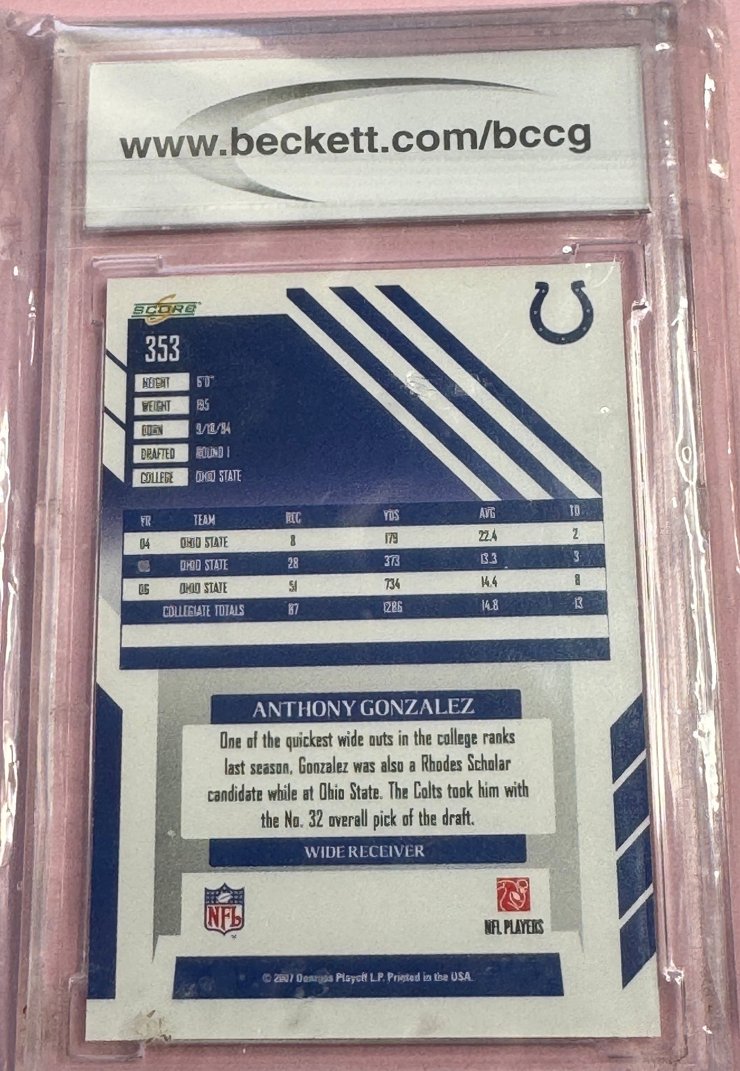 2007 Score Anthony Gonzalez #353 Colts RC BCCG 10 Slab