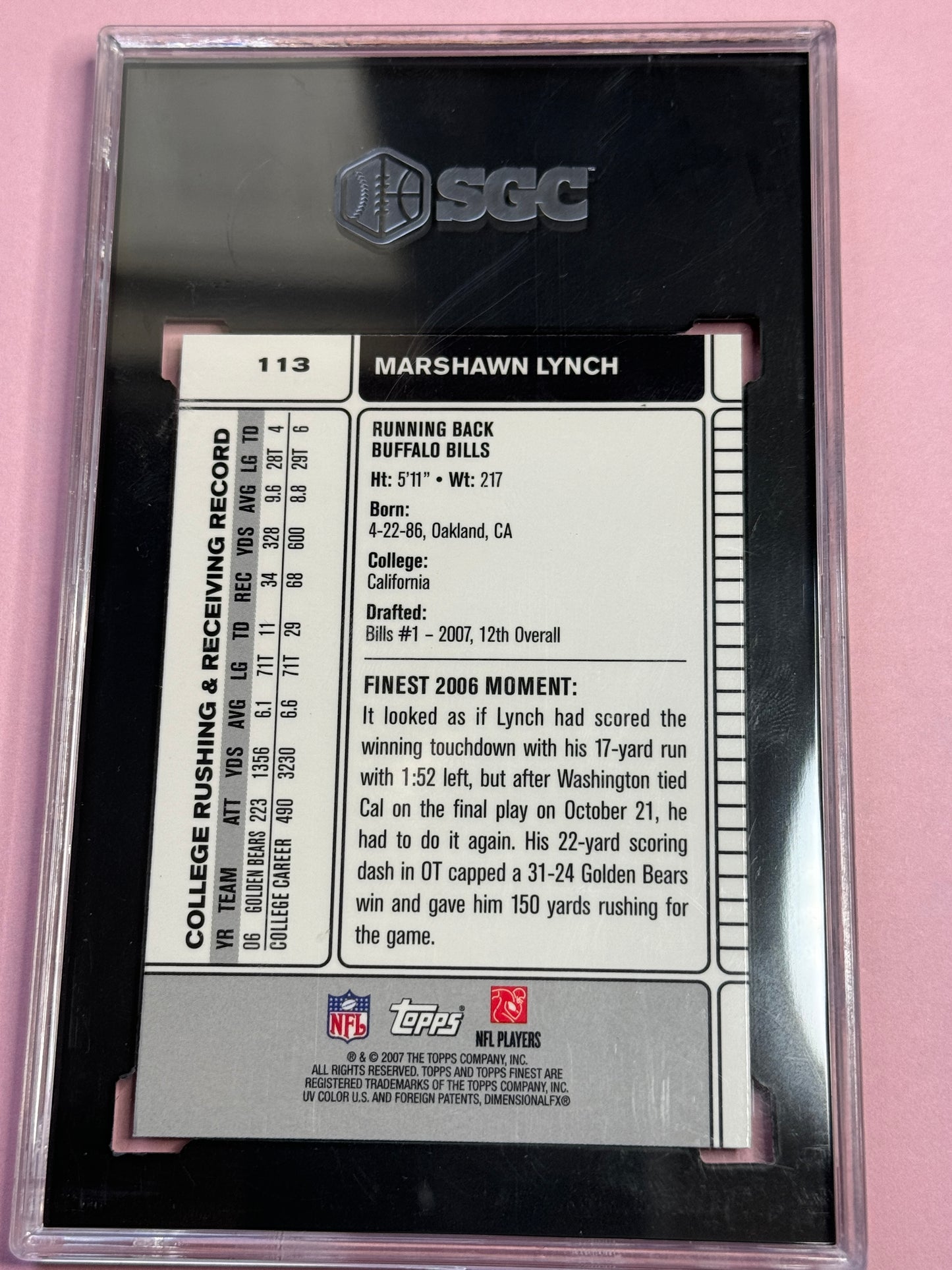 2007 Topps Finest Marshawn Lynch #113 RC SGC 9 Slab