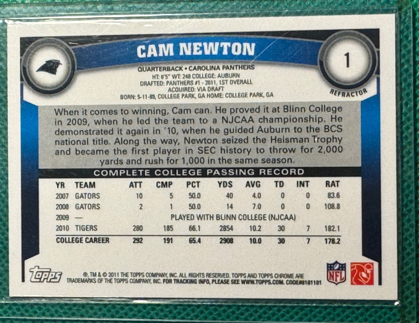 2011 Topps Chrome Football Cam Newton #1 Panther XFractor