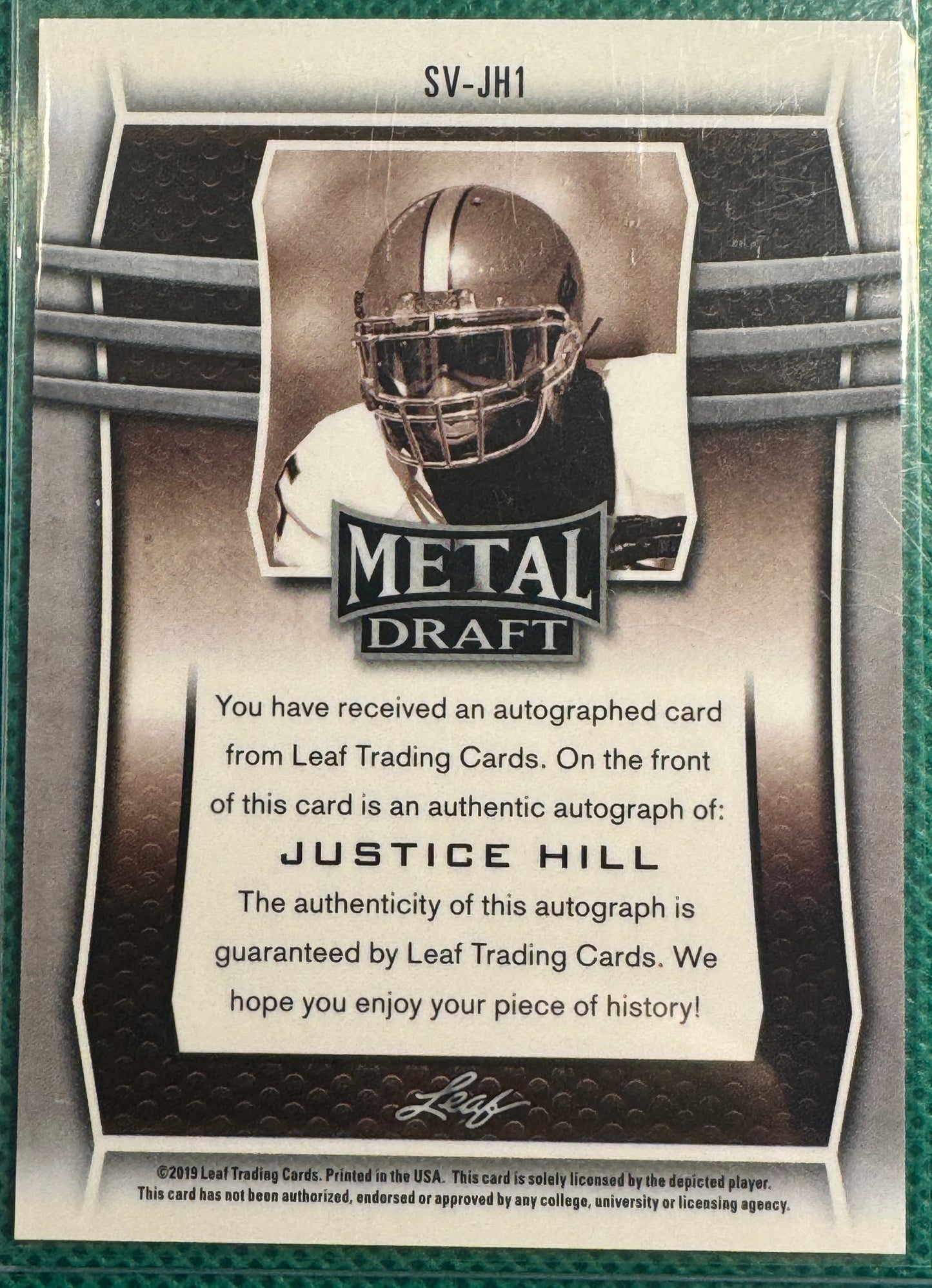 2019 Leaf Football Justice Hill #SV-JH1 Ravens/Metal Draft Auto