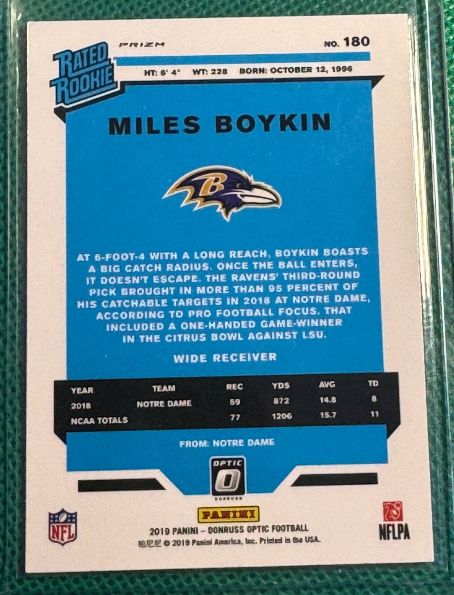 2019 Panini Donruss Optics Football Miles Boykin #180 Ravens Rated Rookie Holo