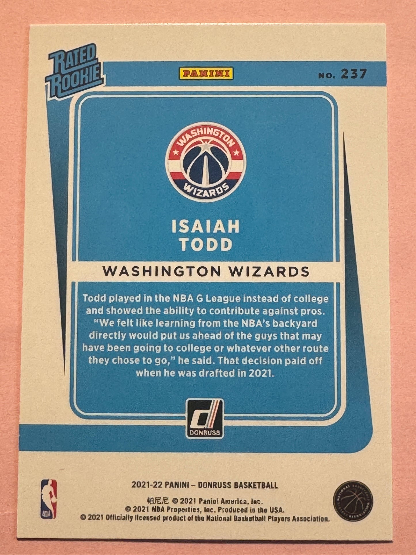 2021 Panini Donruss Basketball Isaiah Todd #237 Wizards Rated Rookie