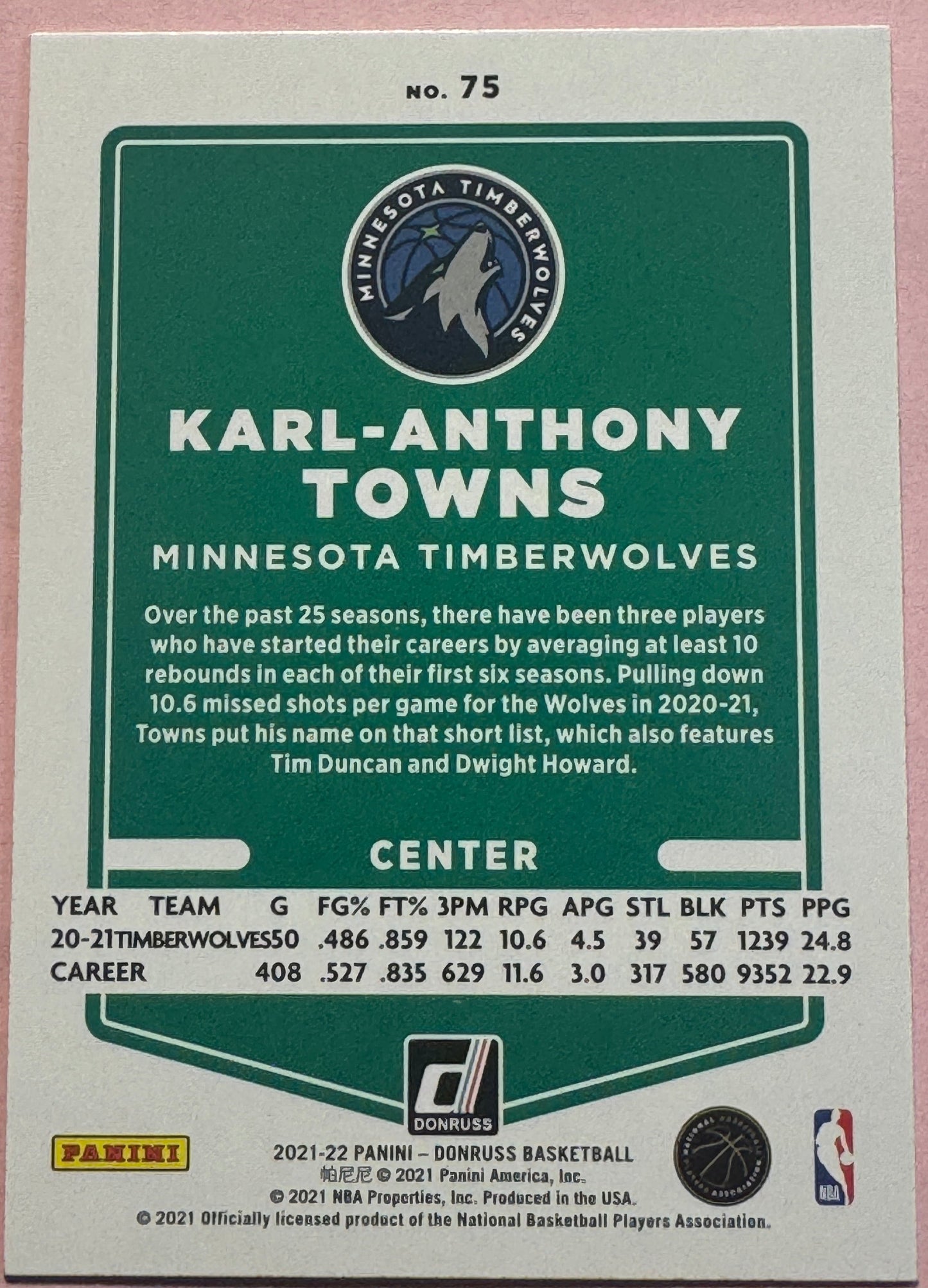 2021 Panini Donruss Basketball Karl-Anthony Towns #75 Timberwolves Orange Laser