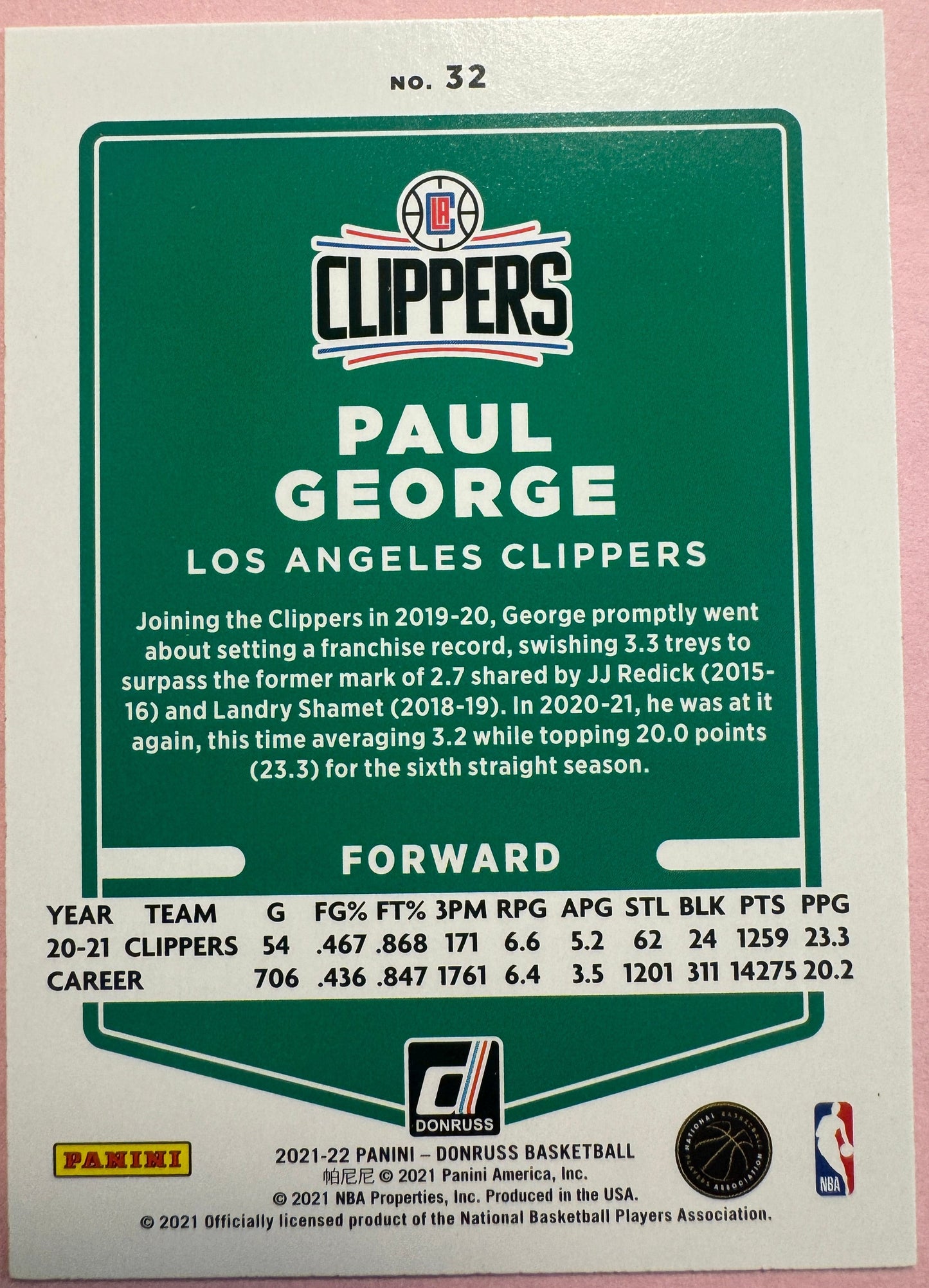 2021 Panini Donruss Basketball Paul George #32 Clippers Orange Laser