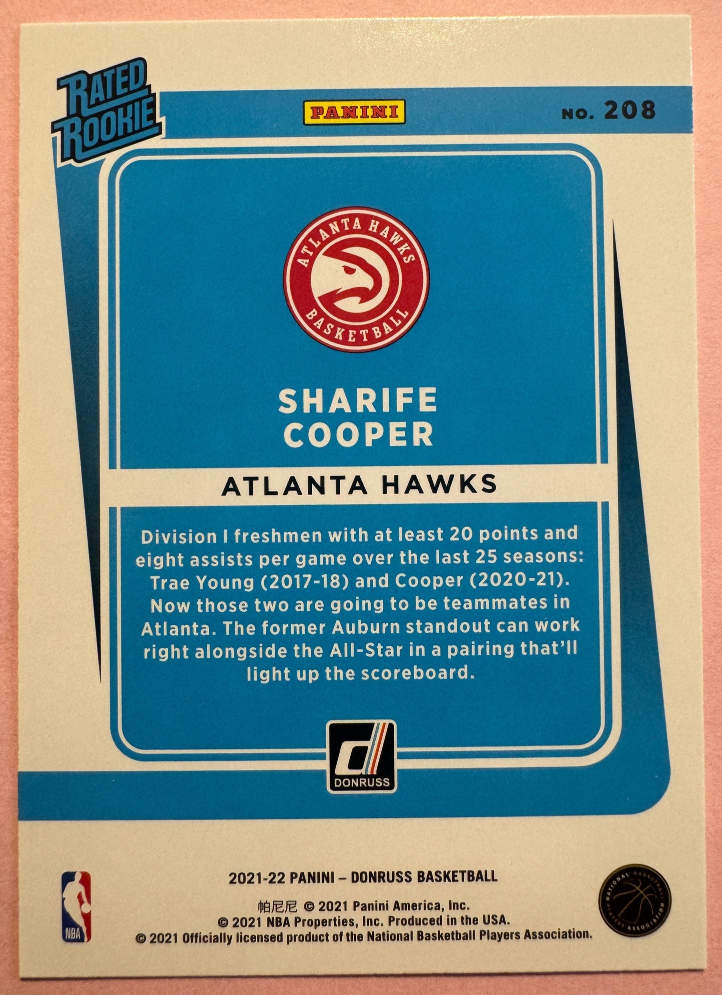 2021 Panini Donruss Basketball Sharife Cooper #208 Hawks Rated Rookie