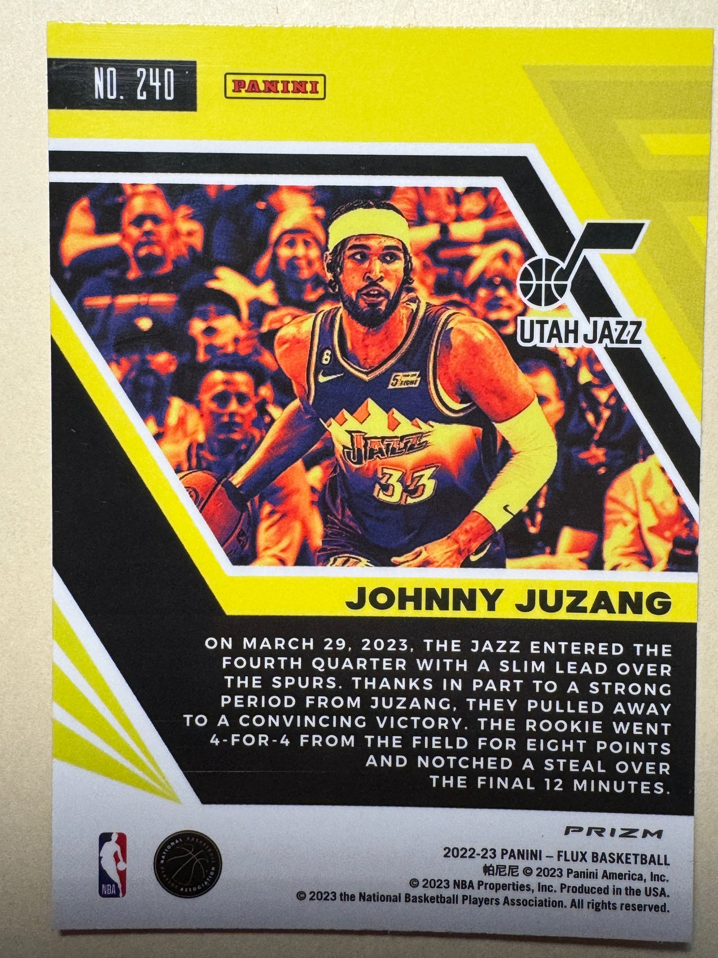 2022-23 PANINI | FLUX BASKETBALL | JOHNNY JUZANG NO.240 | JAZZ | SILVER