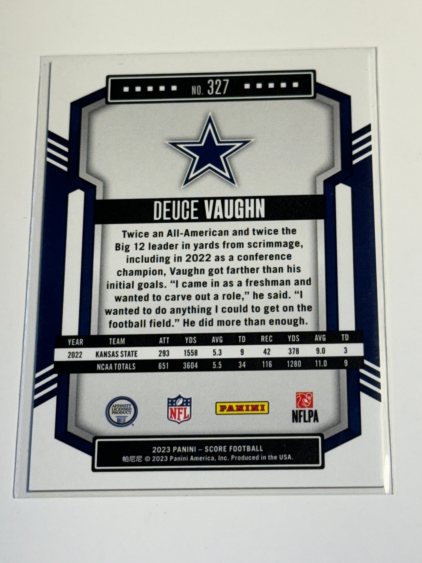 2023 PANINI | SCORE FOOTBALL | Deuce Vaughn No.327 | Cowboys | Rookie Card