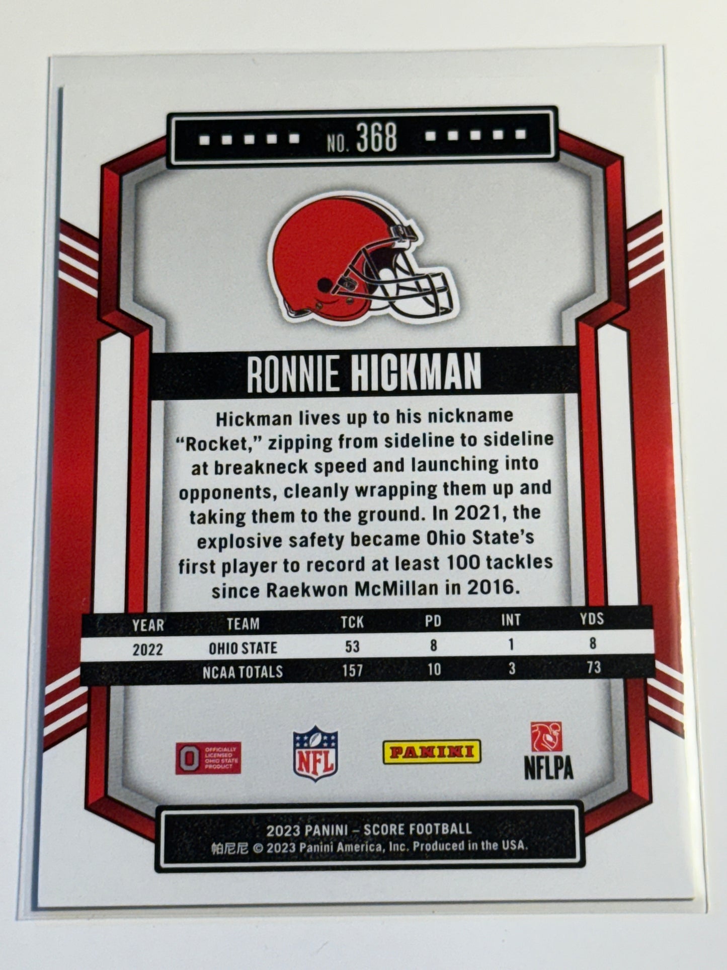 2023 PANINI | SCORE FOOTBALL | Ronnie Hickman No.368 | Browns | Rookie Card