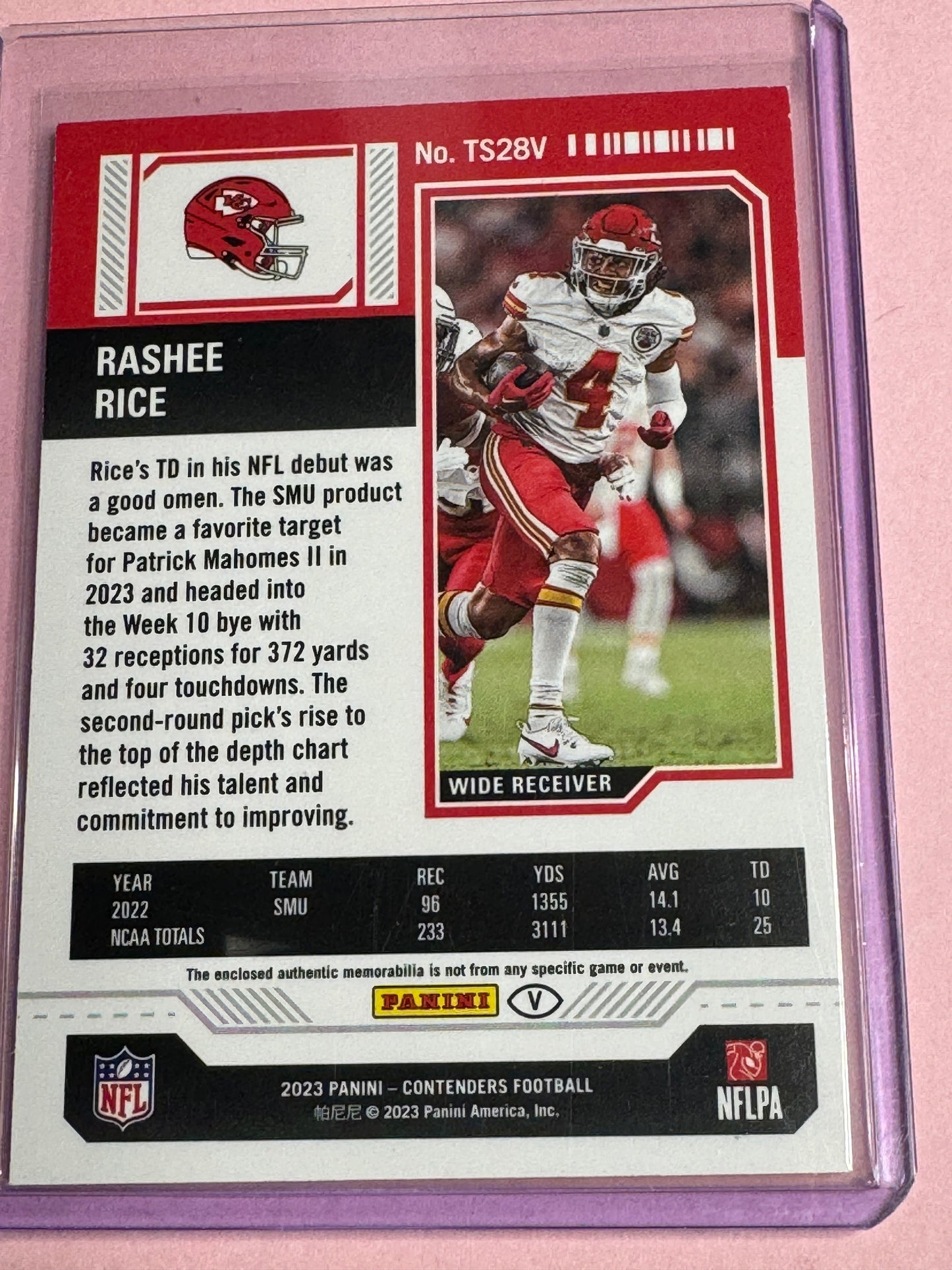 23' Panini Contenders | Rashee Rice No.TS-28v | Chiefs RC Ticket Variation Patch