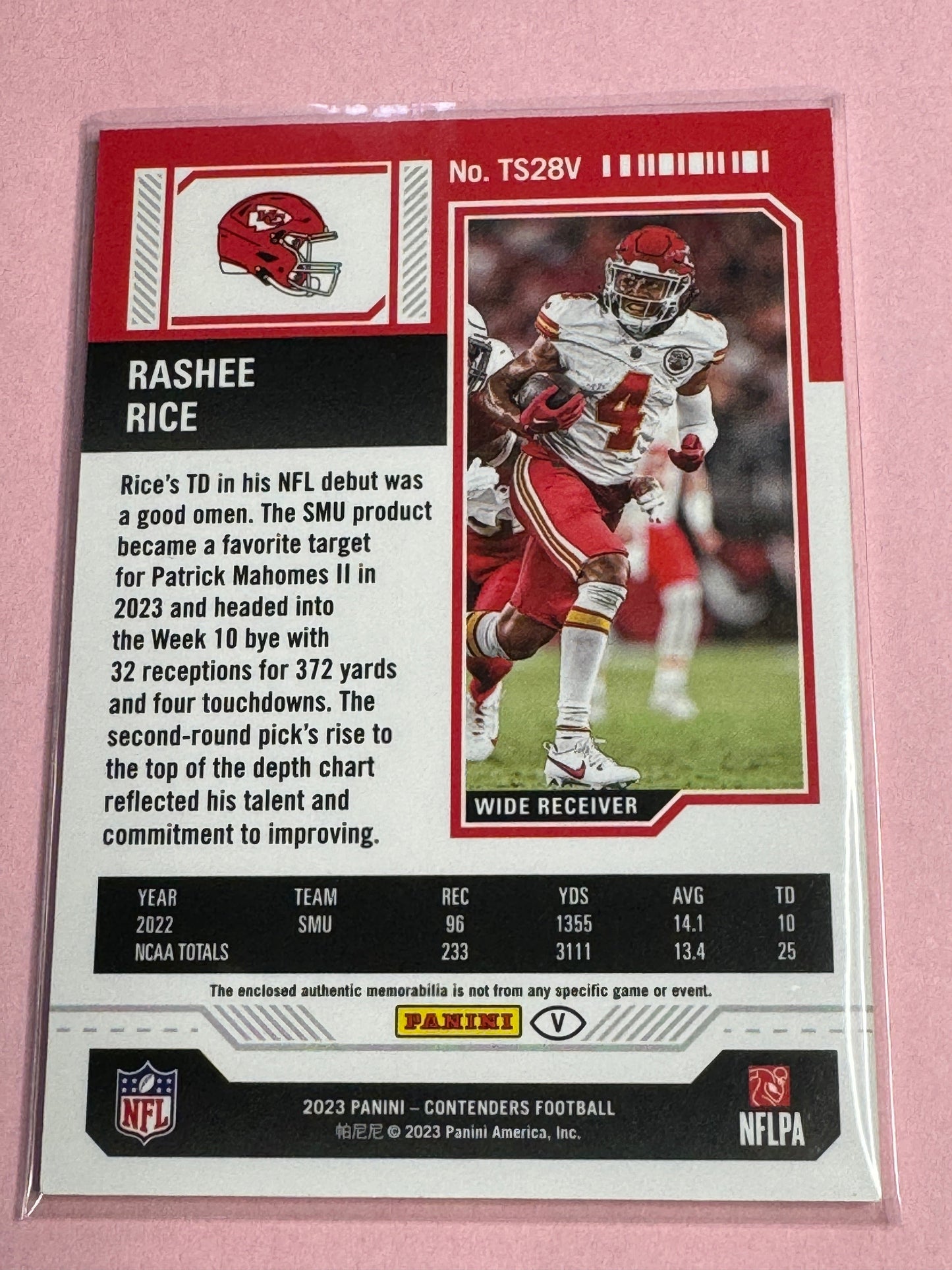 23' Panini Contenders | Rashee Rice No.TS-28v | Chiefs RC Ticket Variation Patch