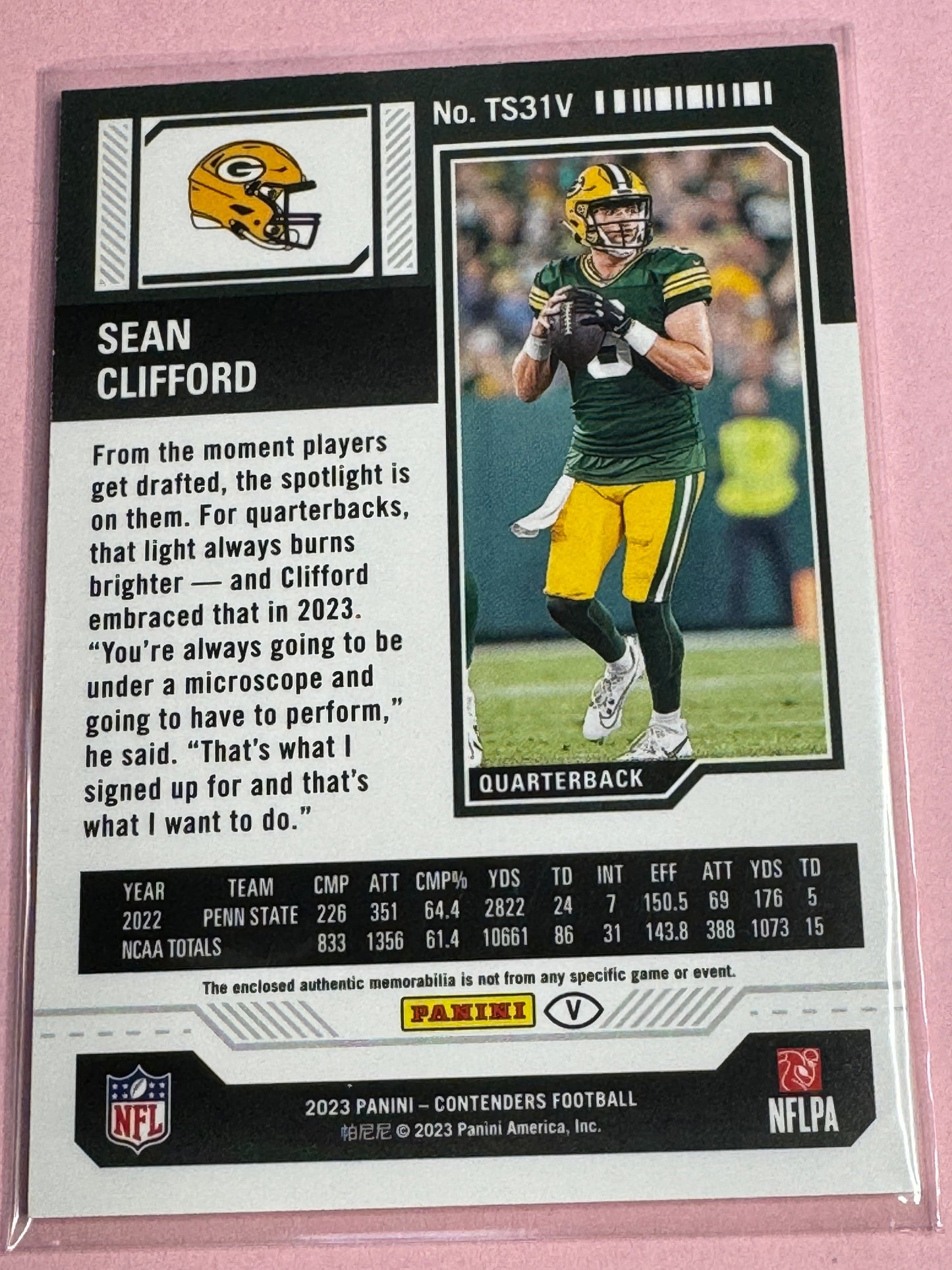 23' Panini Contenders Sean Clifford No.TS-31v- Packers RC Ticket Variation patch