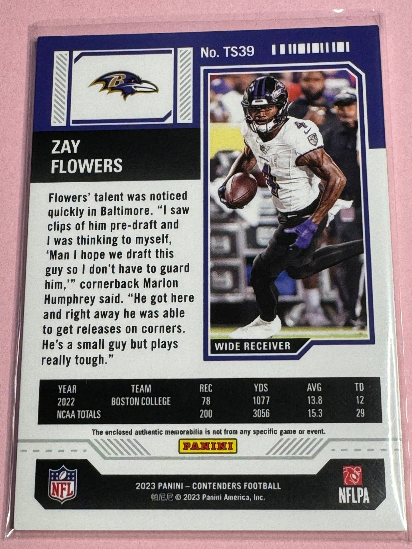 23' Panini Contenders | Zay Flowers No.TS-39 | Ravens Rookie Ticket Patch