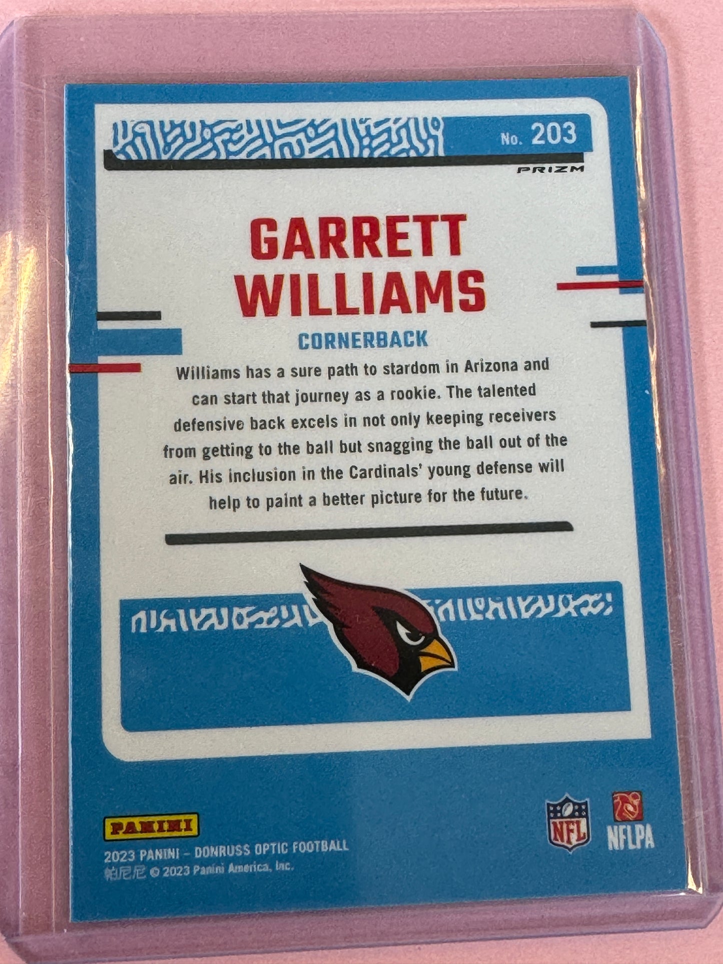 2023 Panini Donruss Optic Football Garrett Williams #203 Cardinals Rated Rookie Pink Prizm