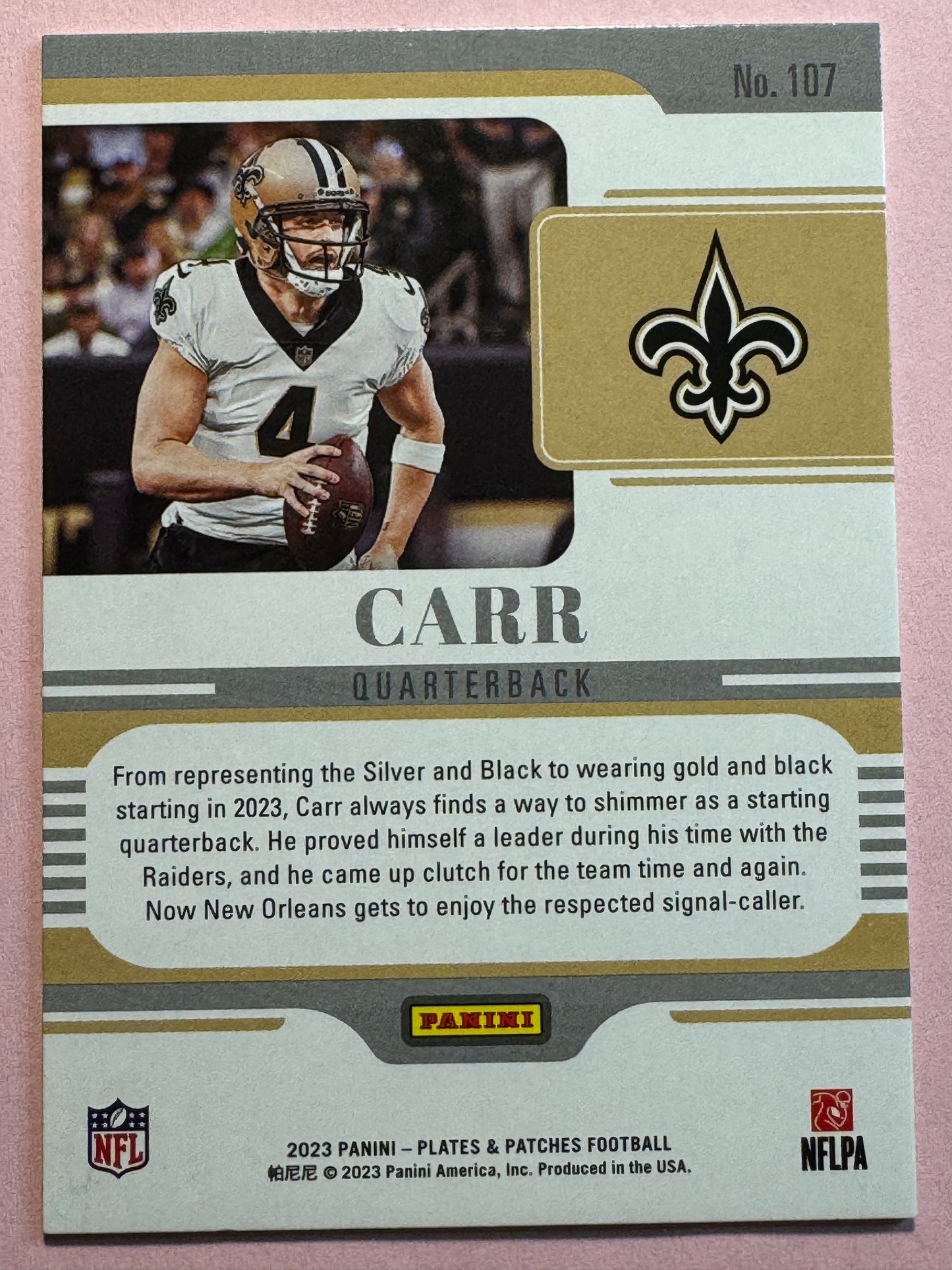 2023 Panini Plates & Patches Derek Carr #107 Saints Green Holo 05/25