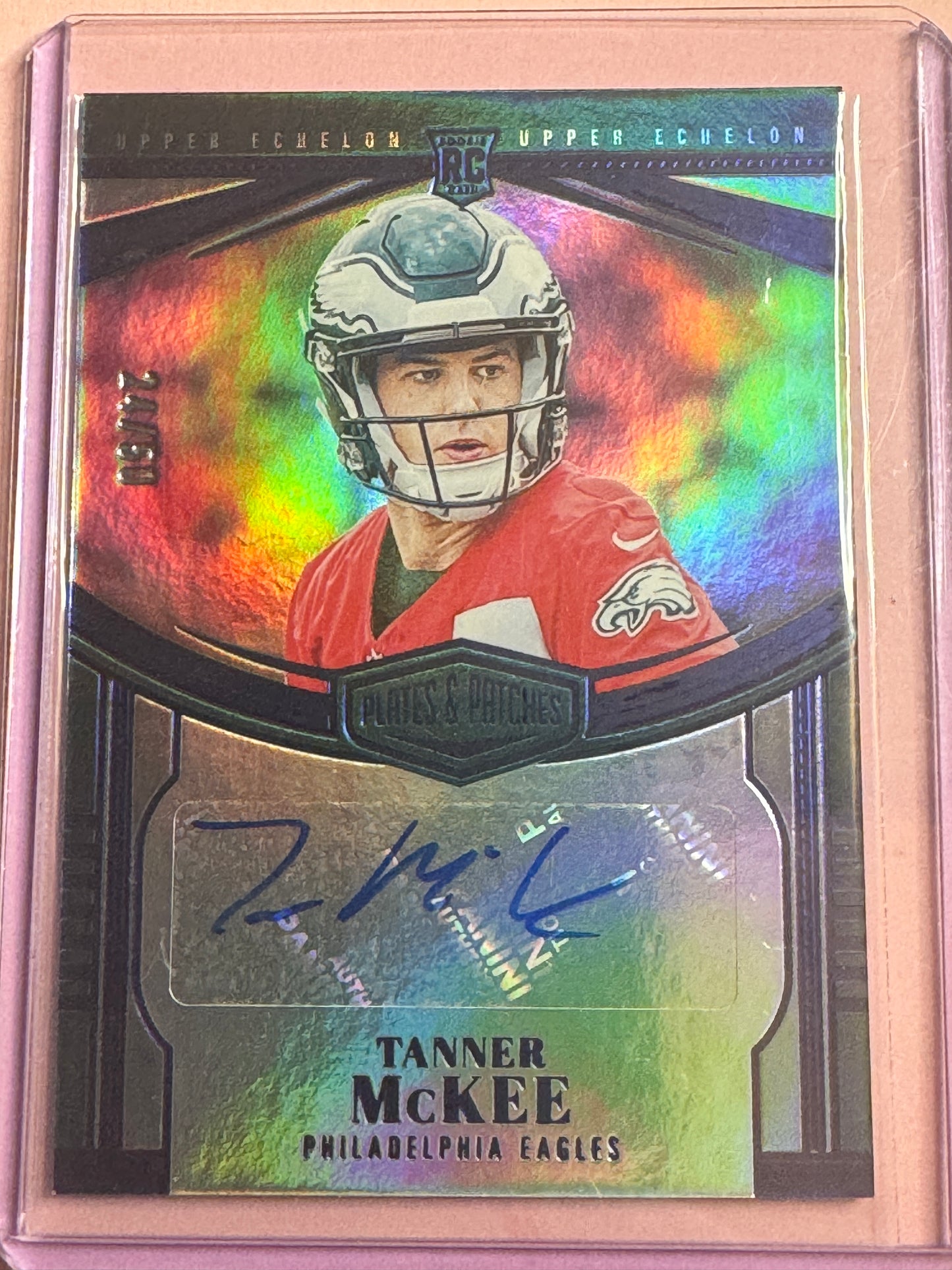 2023 Panini Plates & Patches Tanner McKee #UE-26 Eagles RC Upper Echelon Blue Auto 24/50