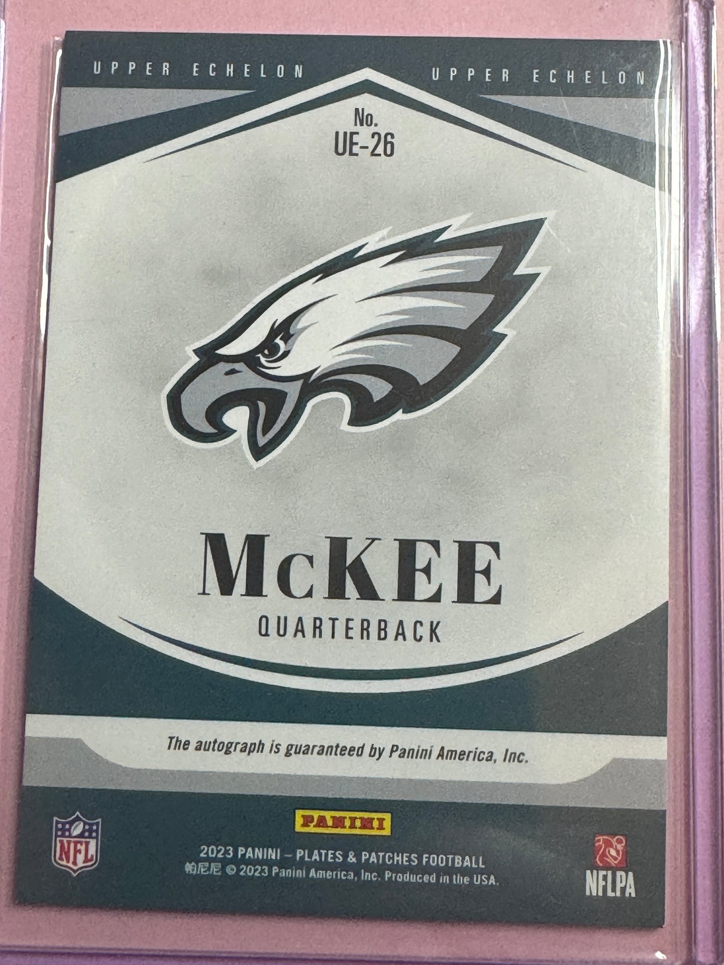 2023 Panini Plates & Patches Tanner McKee #UE-26 Eagles RC Upper Echelon Blue Auto 24/50