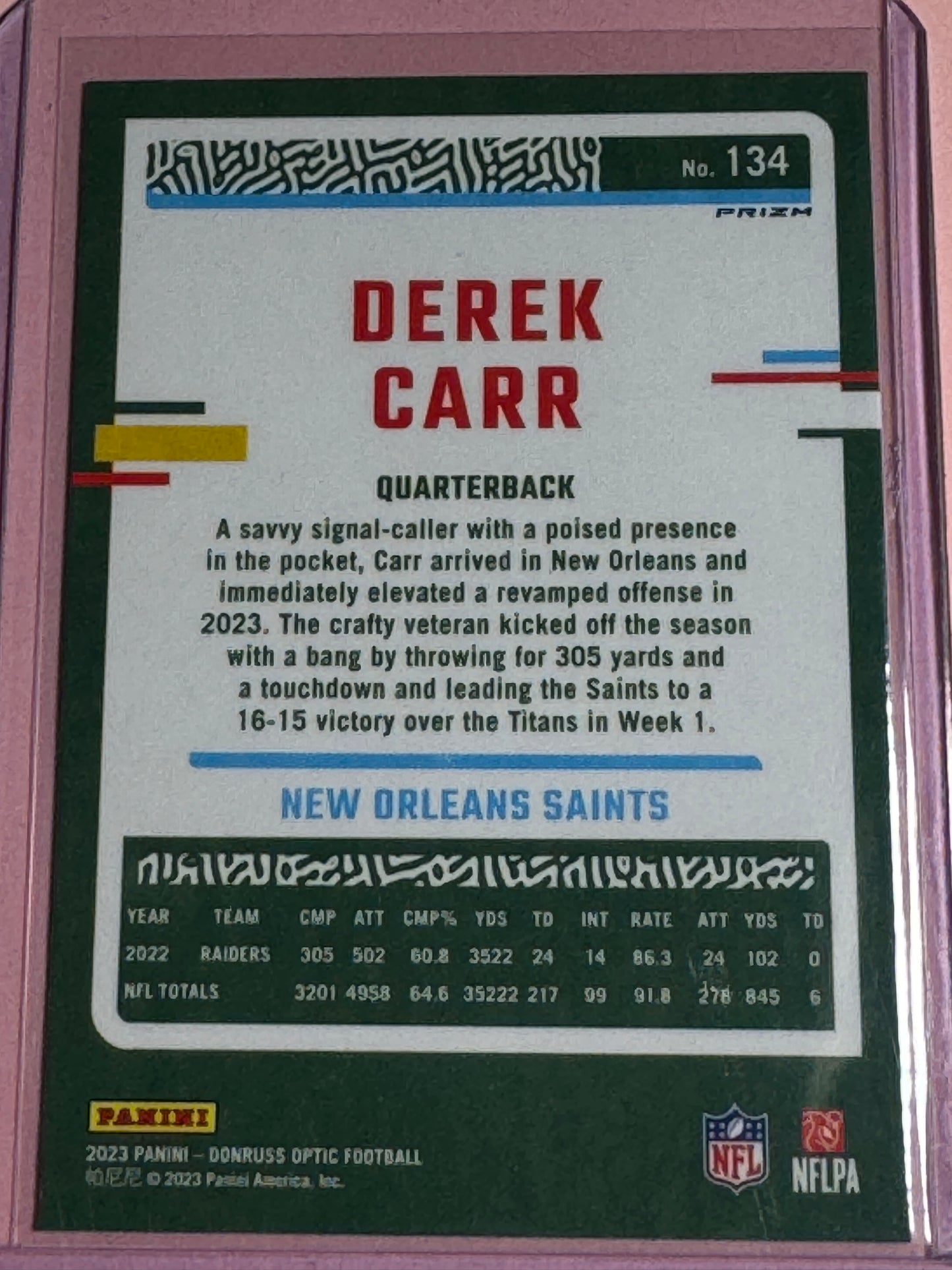 2023 Panini | Donruss Optic Football | Derek Carr #134 | Saints | Silver Holo