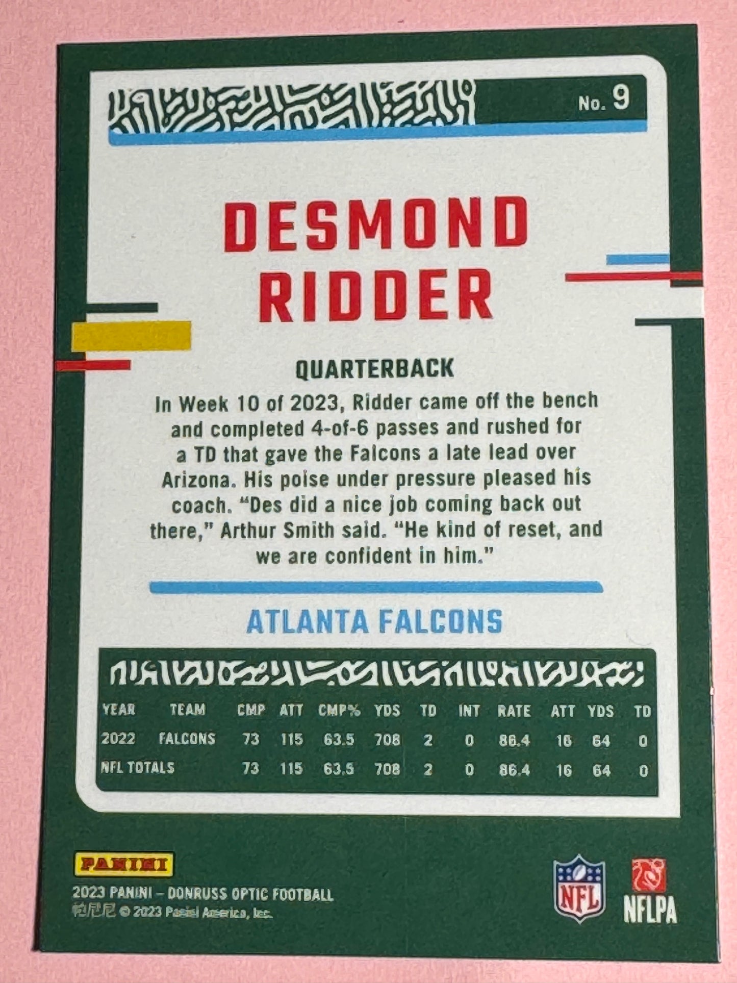 2023 Panini | Donruss Optic Football | Desmond Ridder #9 | Falcons