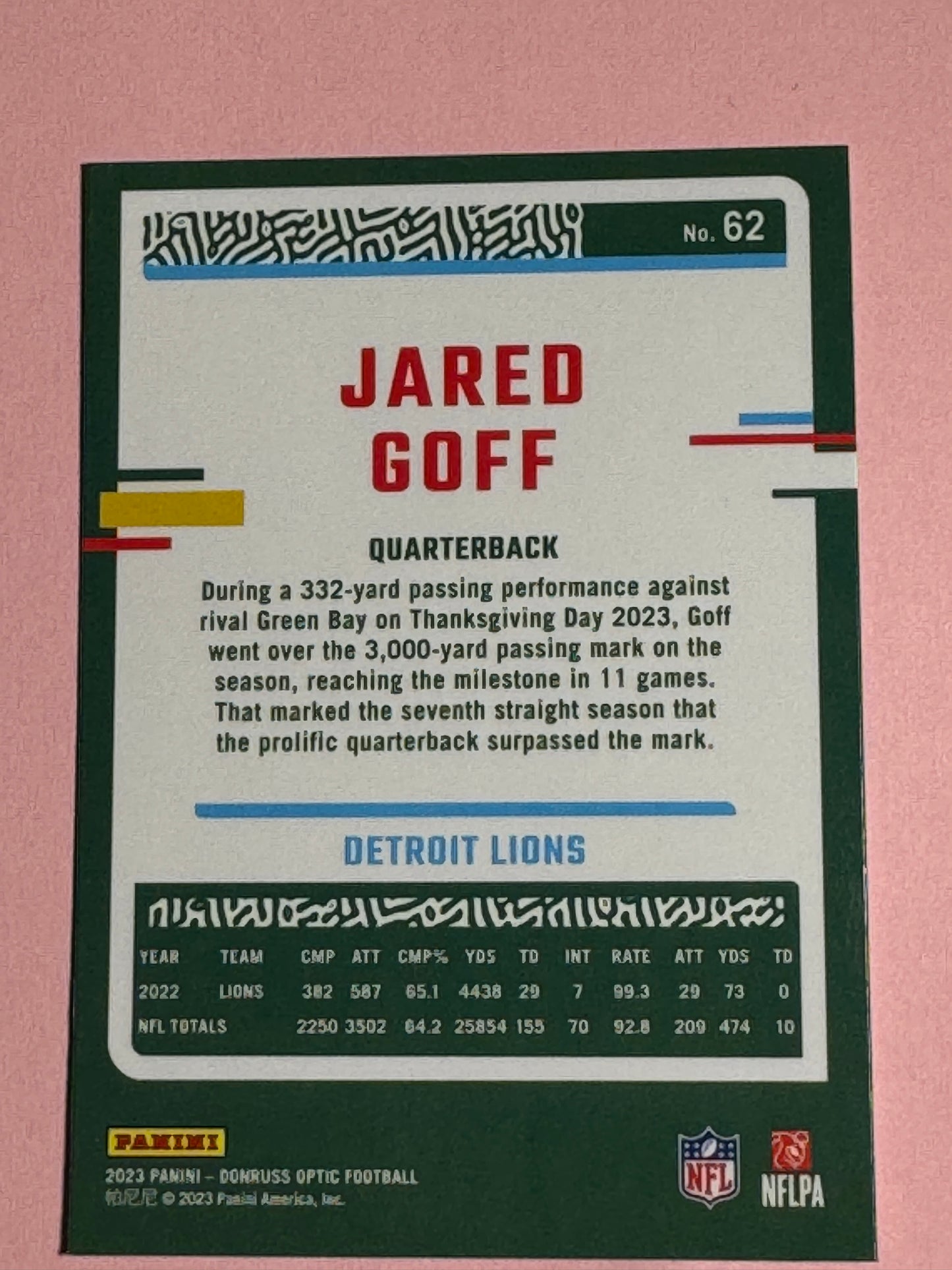 2023 Panini | Donruss Optic Football | Jared Goff #62 | Lions