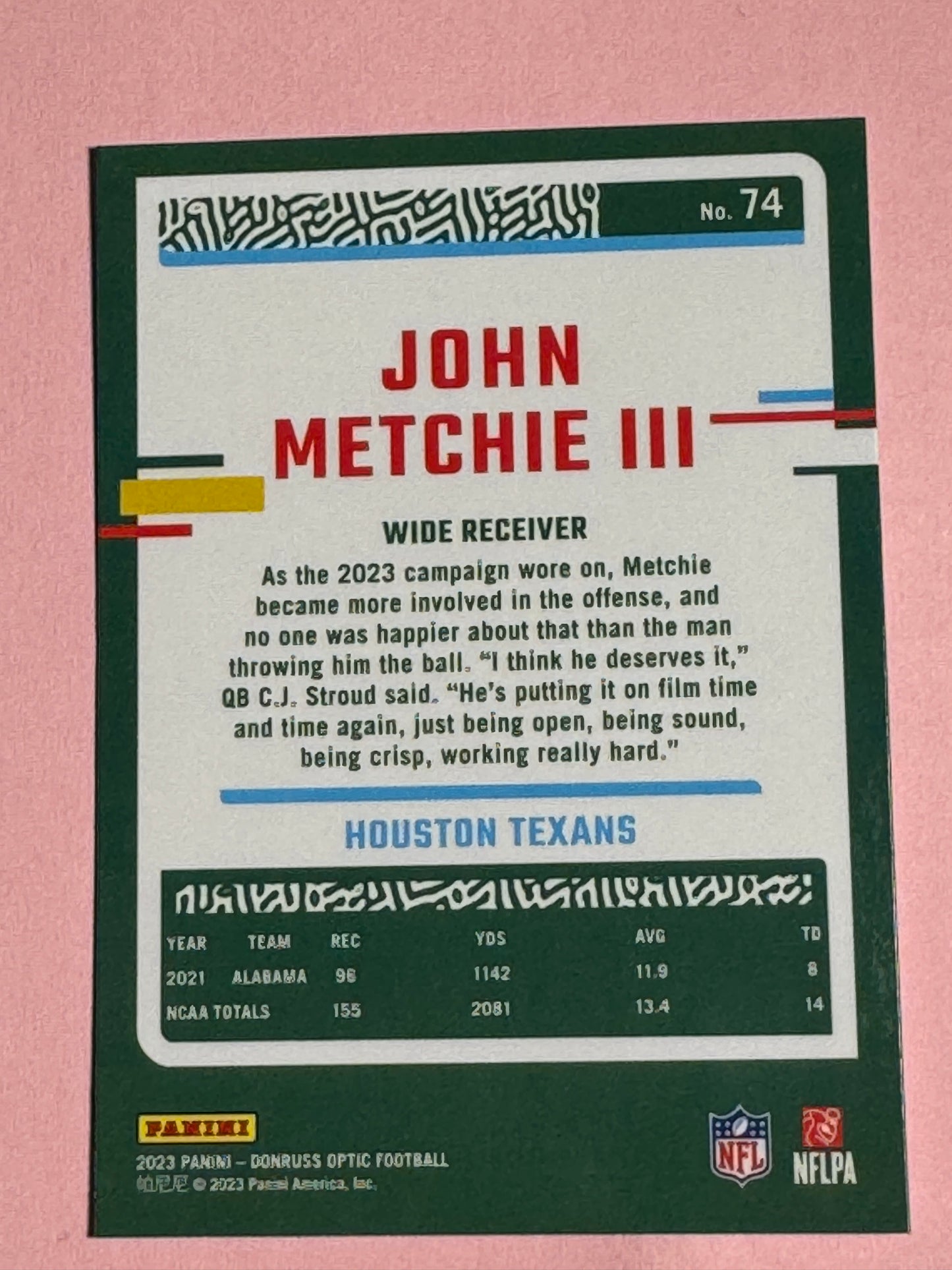 2023 Panini | Donruss Optic Football | John Metchie III #74 | Texans