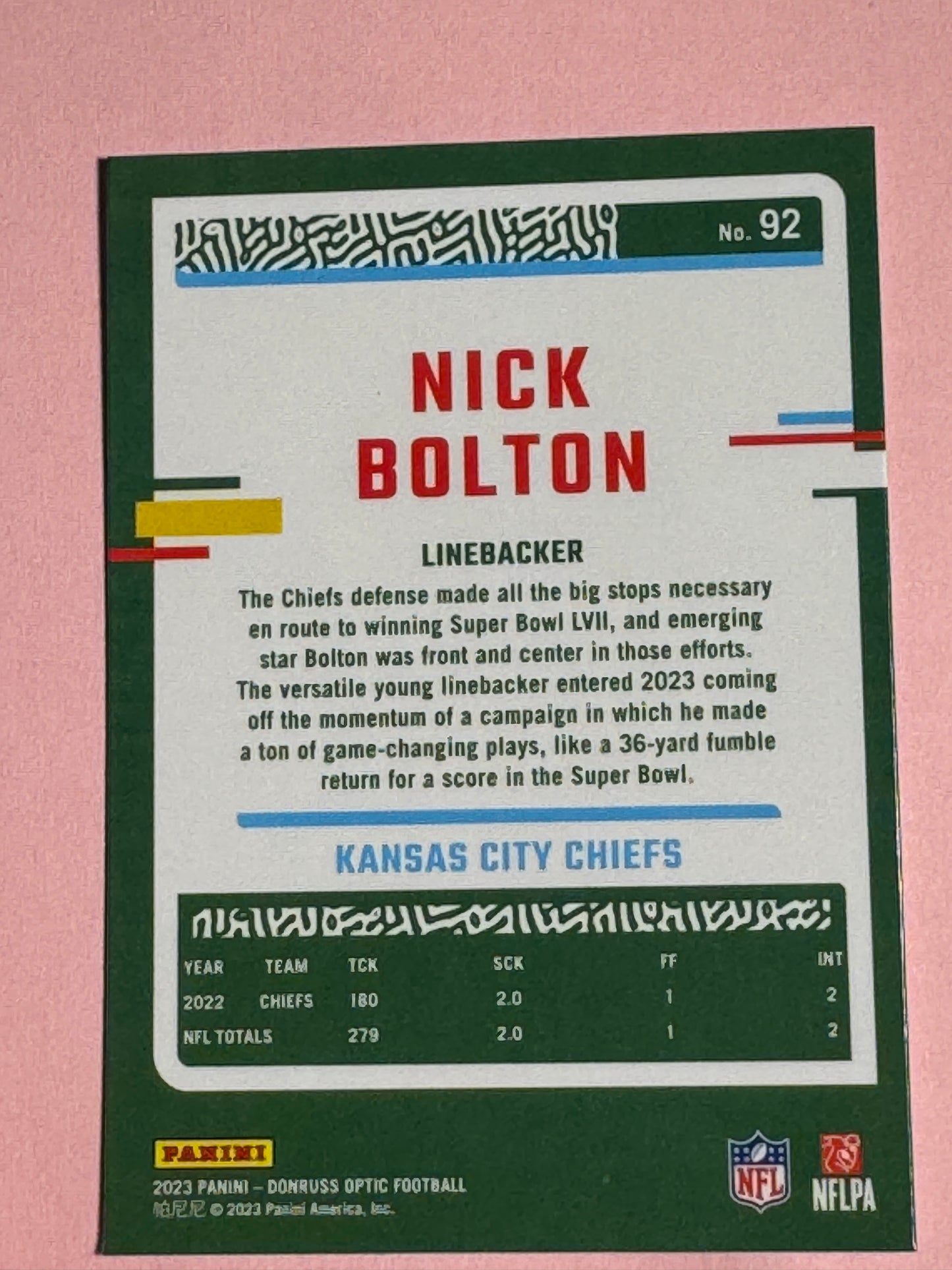 2023 Panini | Donruss Optic Football | Nick Bolton #92 | Chiefs