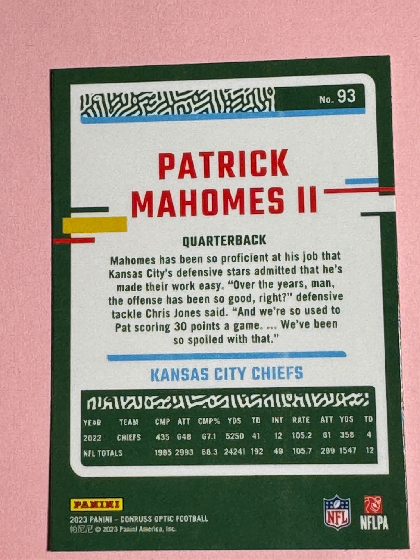 2023 Panini | Donruss Optic Football | Patrick Mahomes II #93 | Chiefs