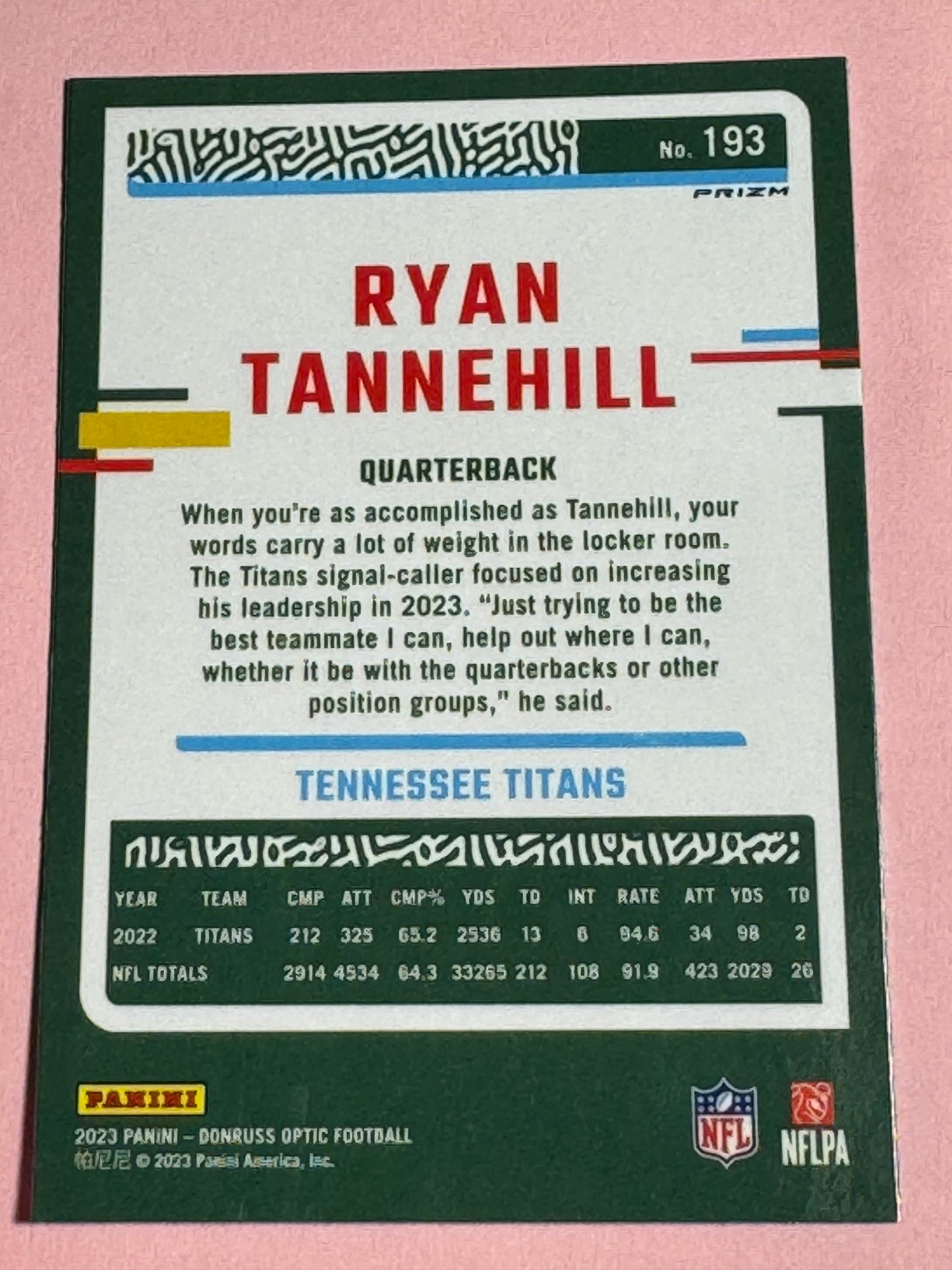 2023 Panini | Donruss Optic FB | Ryan Tannehill #193 | Titans | Silver Holo