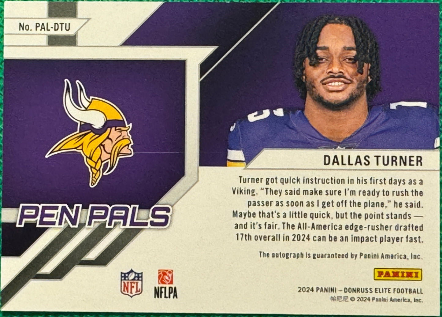 2024 Donruss Elite Football Dallas Turner #PAL-DTU Vikings RC Pen Pals