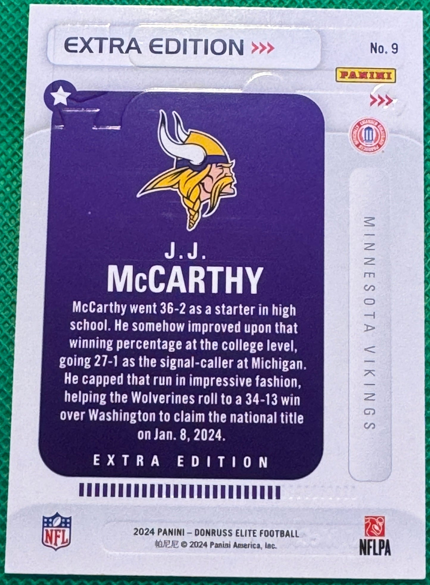 2024 Donruss Elite Football JJ McCarthy #9 Vikings RC Extra Edition