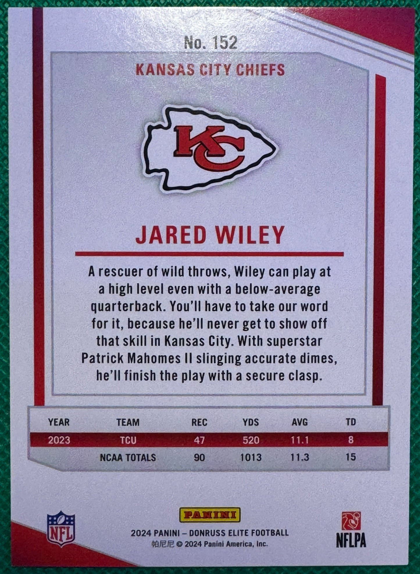 2024 Donruss Elite Football Jared Wiley #152 Chiefs Silver RC 451/999