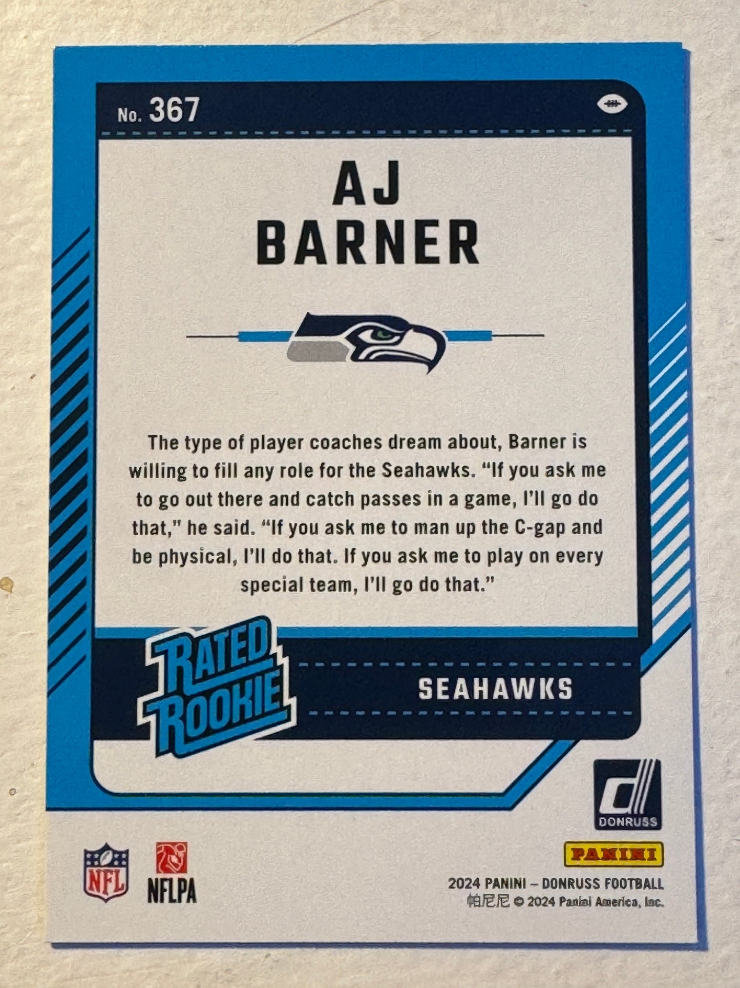 2024 Donruss Optic AJ Barner #367 Seahawks Green Rated Rookie